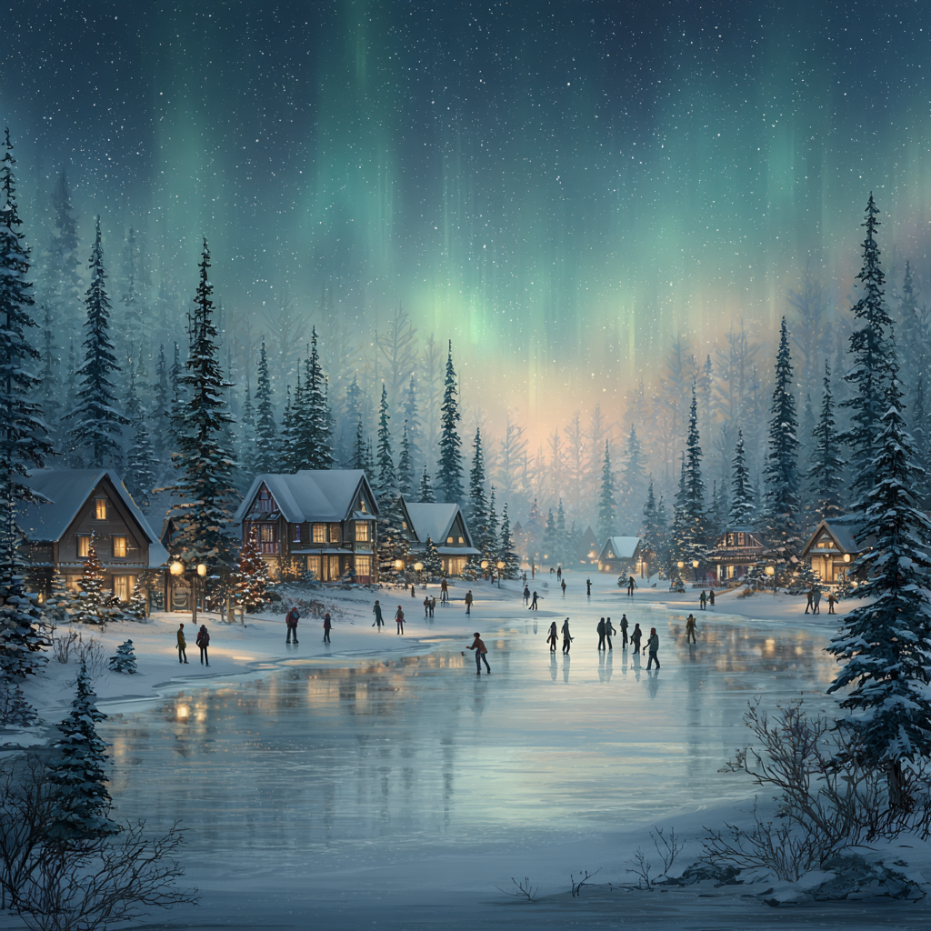 Northern Lights Over Icy Village Winter Scene Canvas