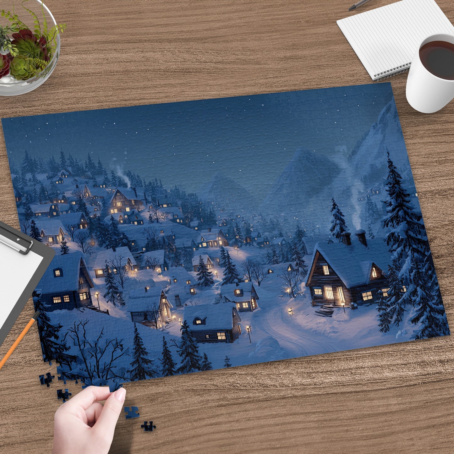 Cozy Night Snowy Winter Village Scene Jigsaw Puzzle product type
Winter
Village
Snowy
Night
Houses
Christmas
Holiday
Landscape
Mountains
Forest
Cozy
Lights
Illuminated
Scene
Jigsaw Puzzle
Puzzle
Winter Wonderland
Snowy Village
Evening Scene
Festive