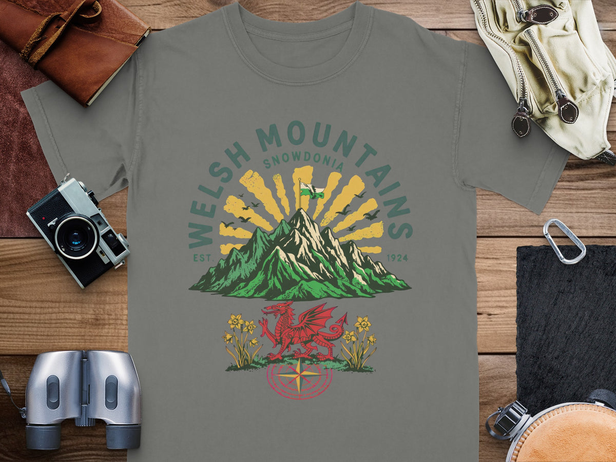 Welsh Mountains Snowdonia design with mountains, dragon, daffodils, and compass.