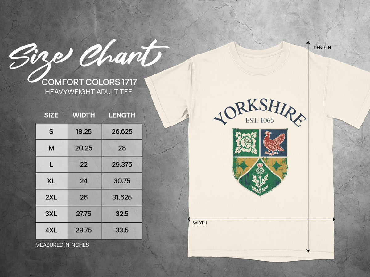 Comfort Colors 1717 heavyweight adult tee size chart with "Yorkshire Est. 1065" graphic.