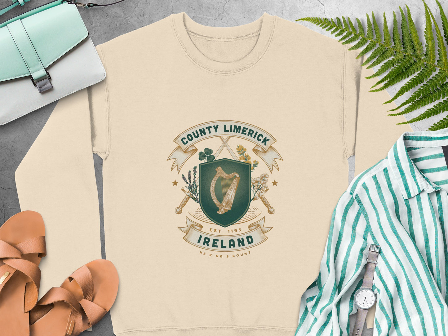 County Limerick Ireland crest featuring a harp and shamrock on Sand sweatshirt