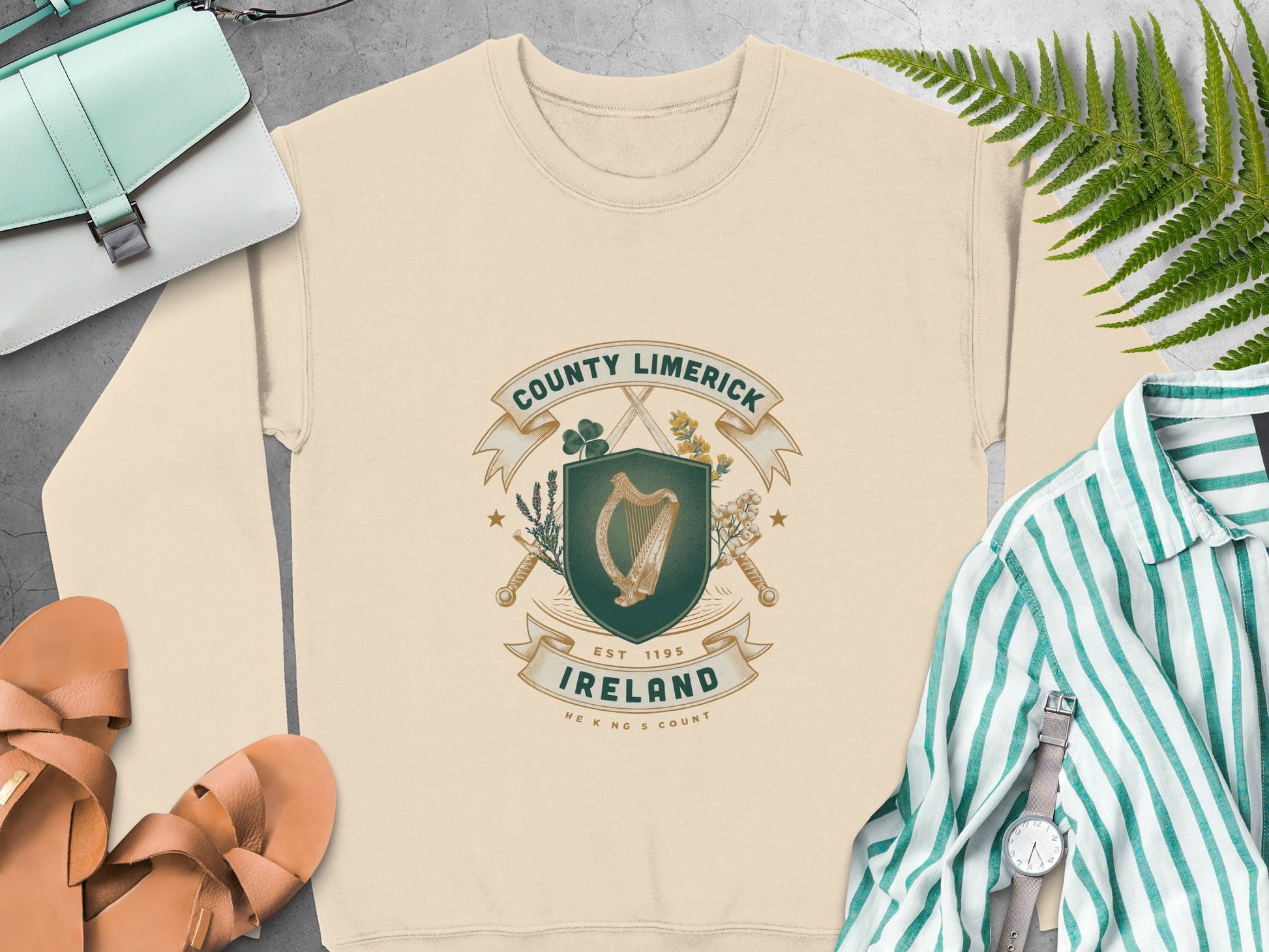County Limerick Ireland crest featuring a harp and shamrock on Sand sweatshirt