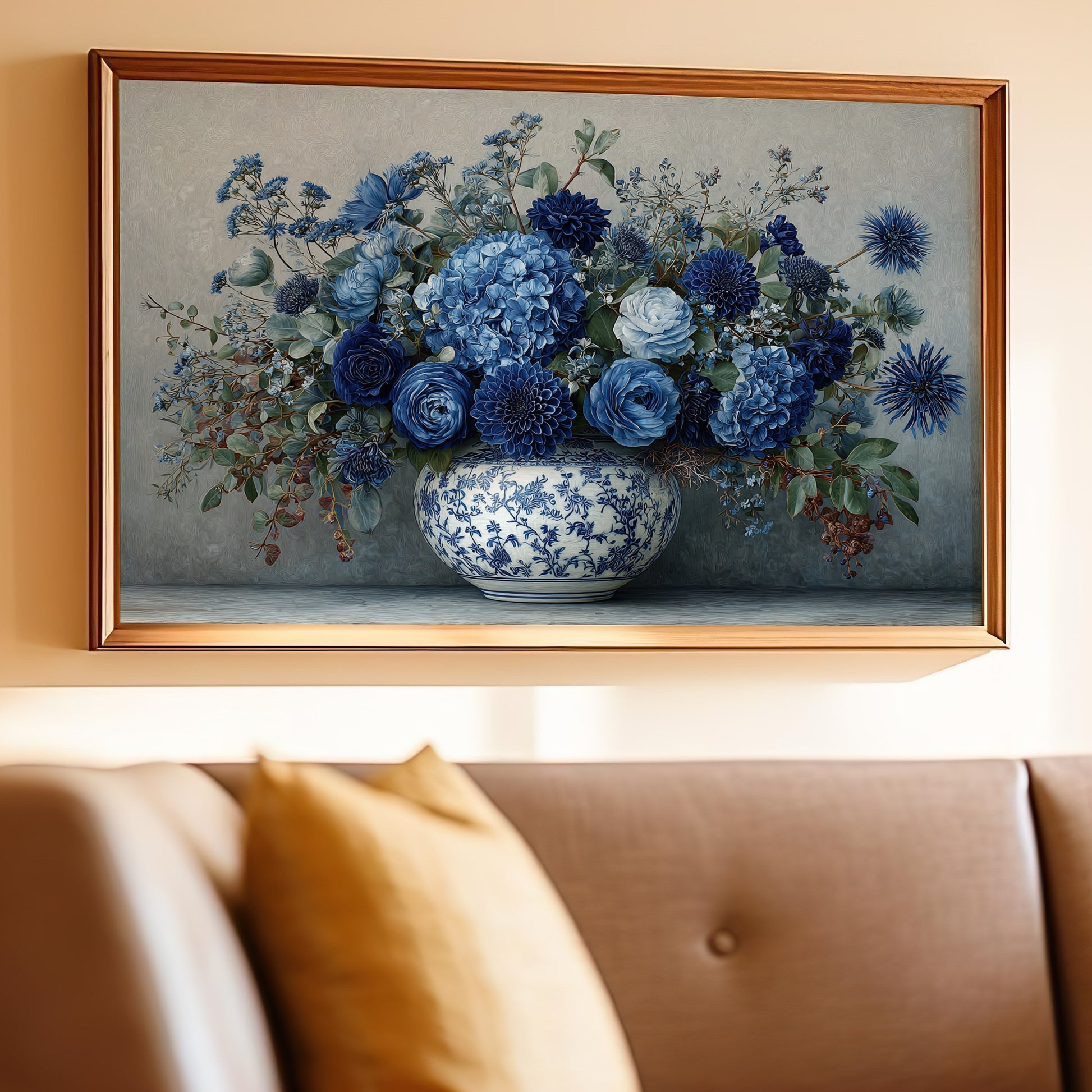 Blue Floral Arrangement in Ornate Vase Wall Art