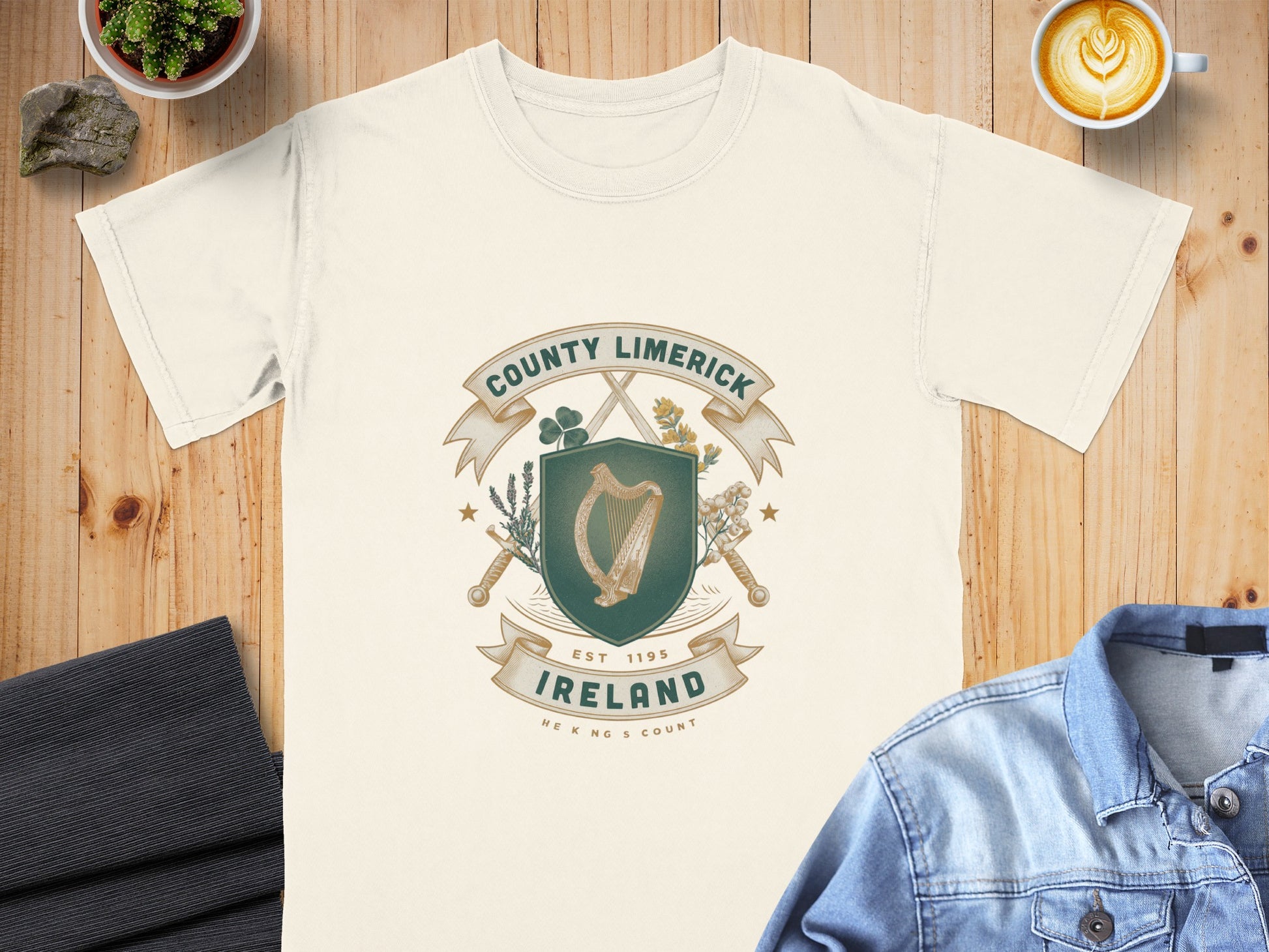 Cream t-shirt with County Limerick Ireland crest featuring harp and crossed swords.