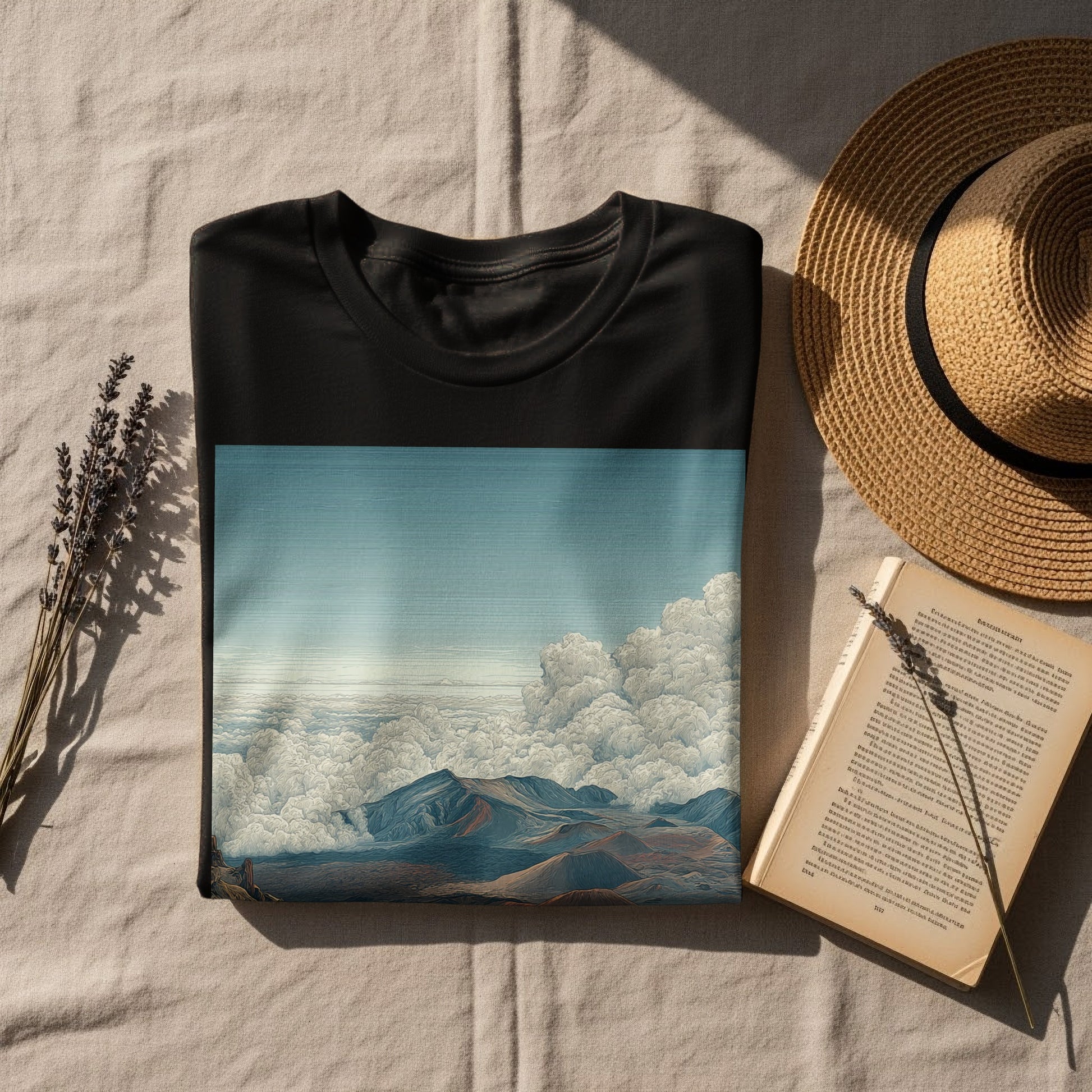 Cloudy Mountain Landscape on Black T-Shirt