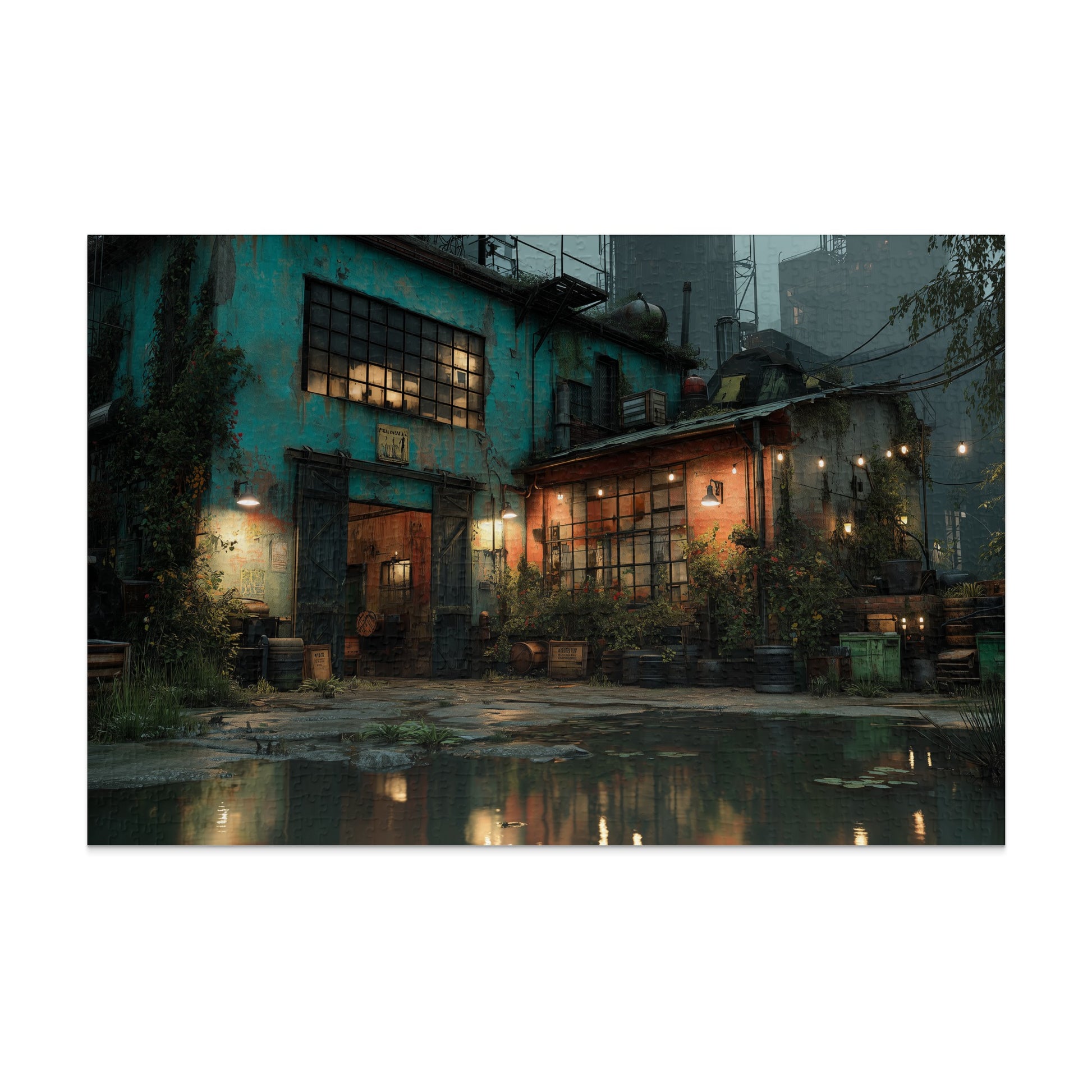Deteriorating teal building with glowing windows and outdoor lights reflecting in puddle.