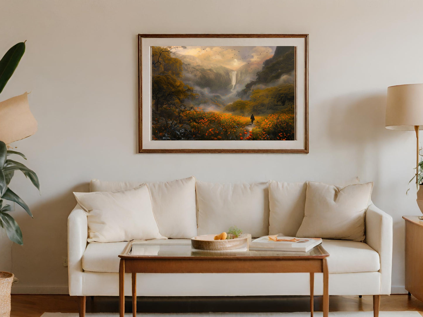 Tranquil Scene of Waterfall in Misty Valley Wall Art