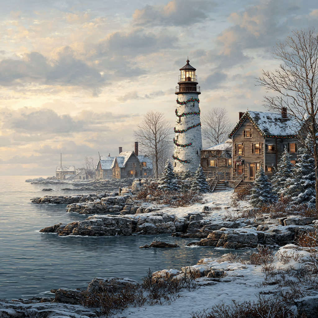 Serene Snowy Lighthouse Scene Wall Art
