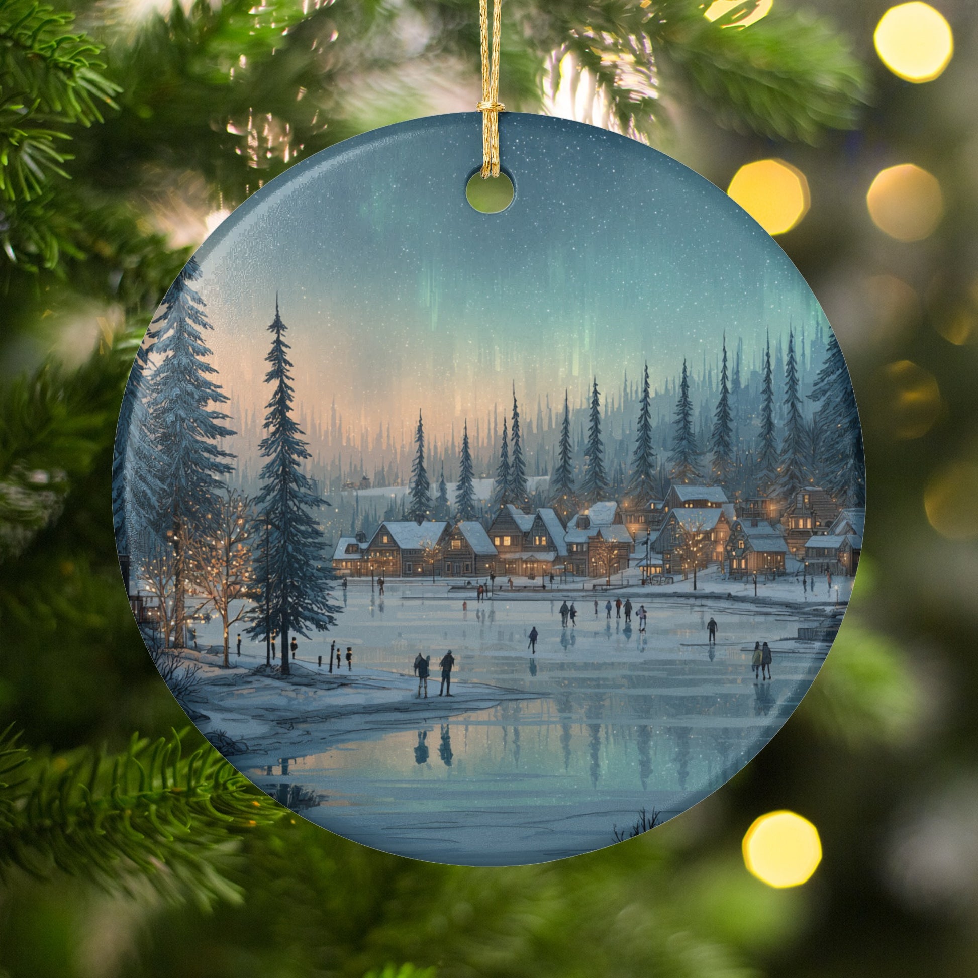 Winter Village at Night Scene Holiday Ornament