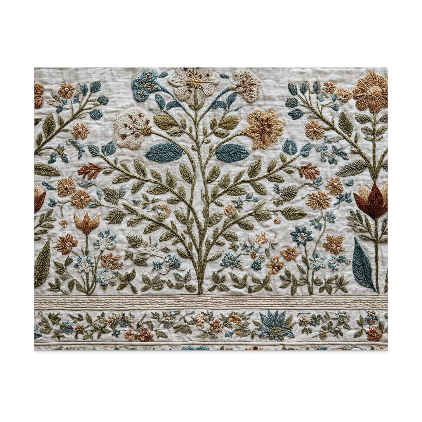 Embroidery of a floral tree with repeating floral border on cream fabric.