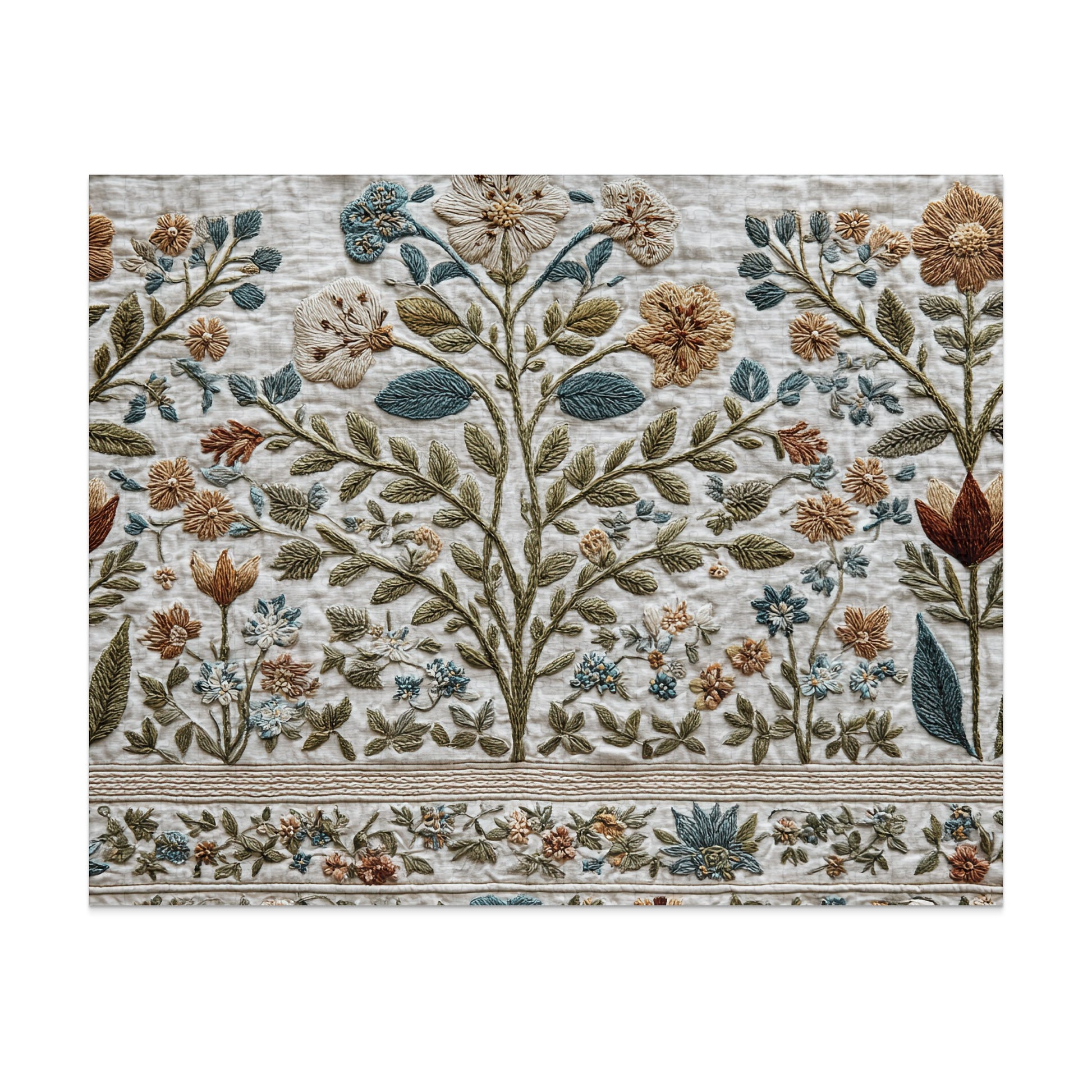 Embroidery of a floral tree with repeating floral border on cream fabric.
