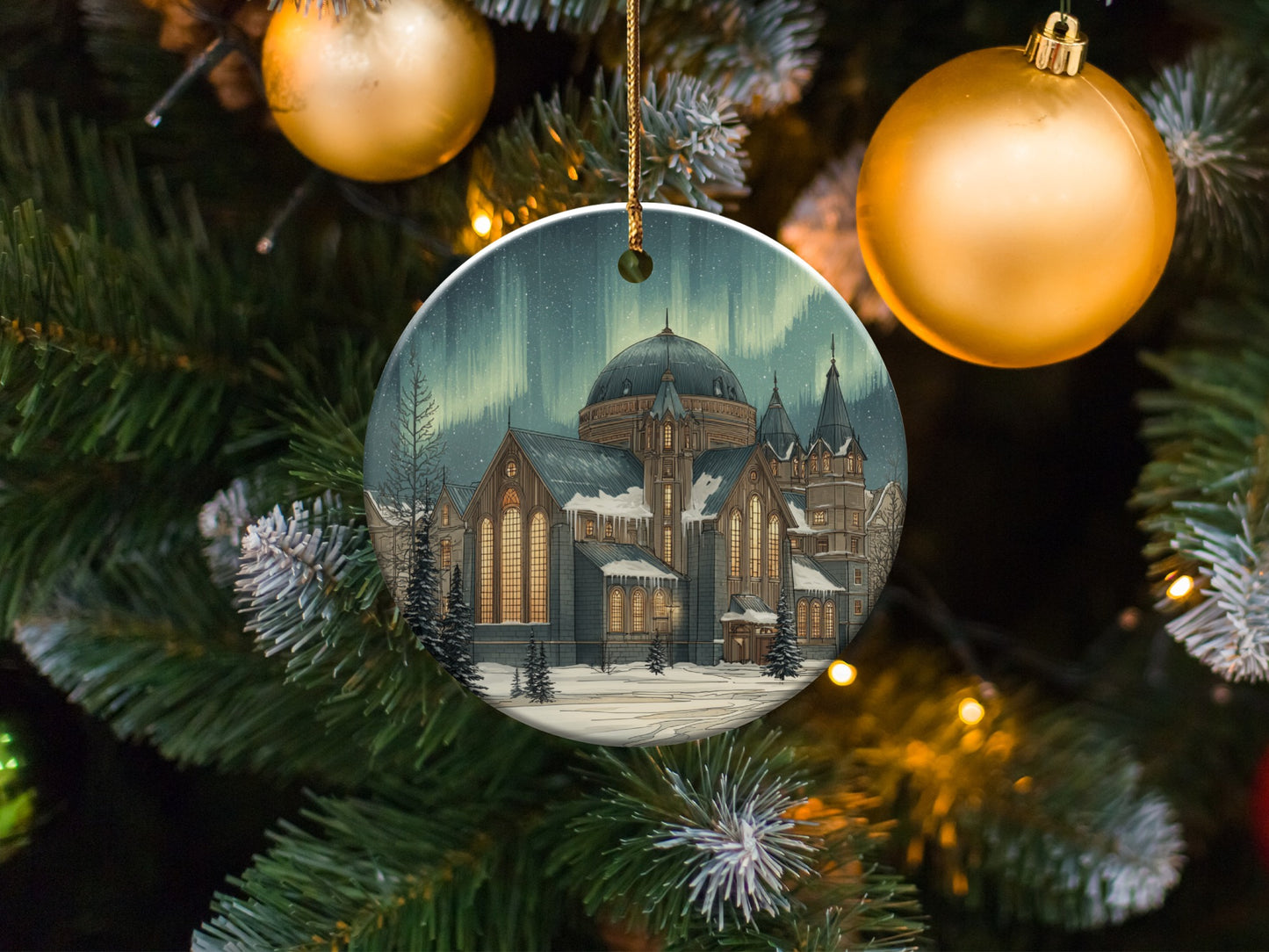 Christmas Tree Ornament with Winter Church Scene