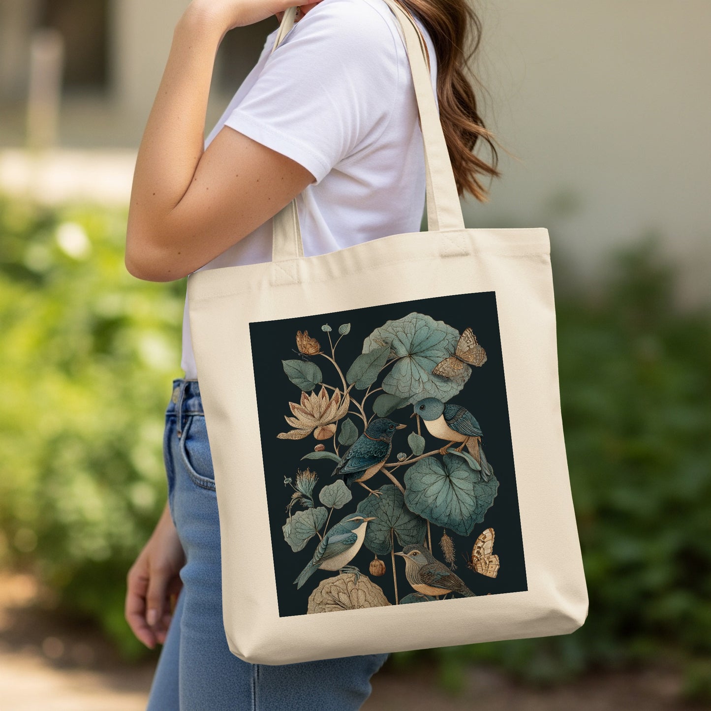 Elegant Tote Bag with Bird and Floral Print Design