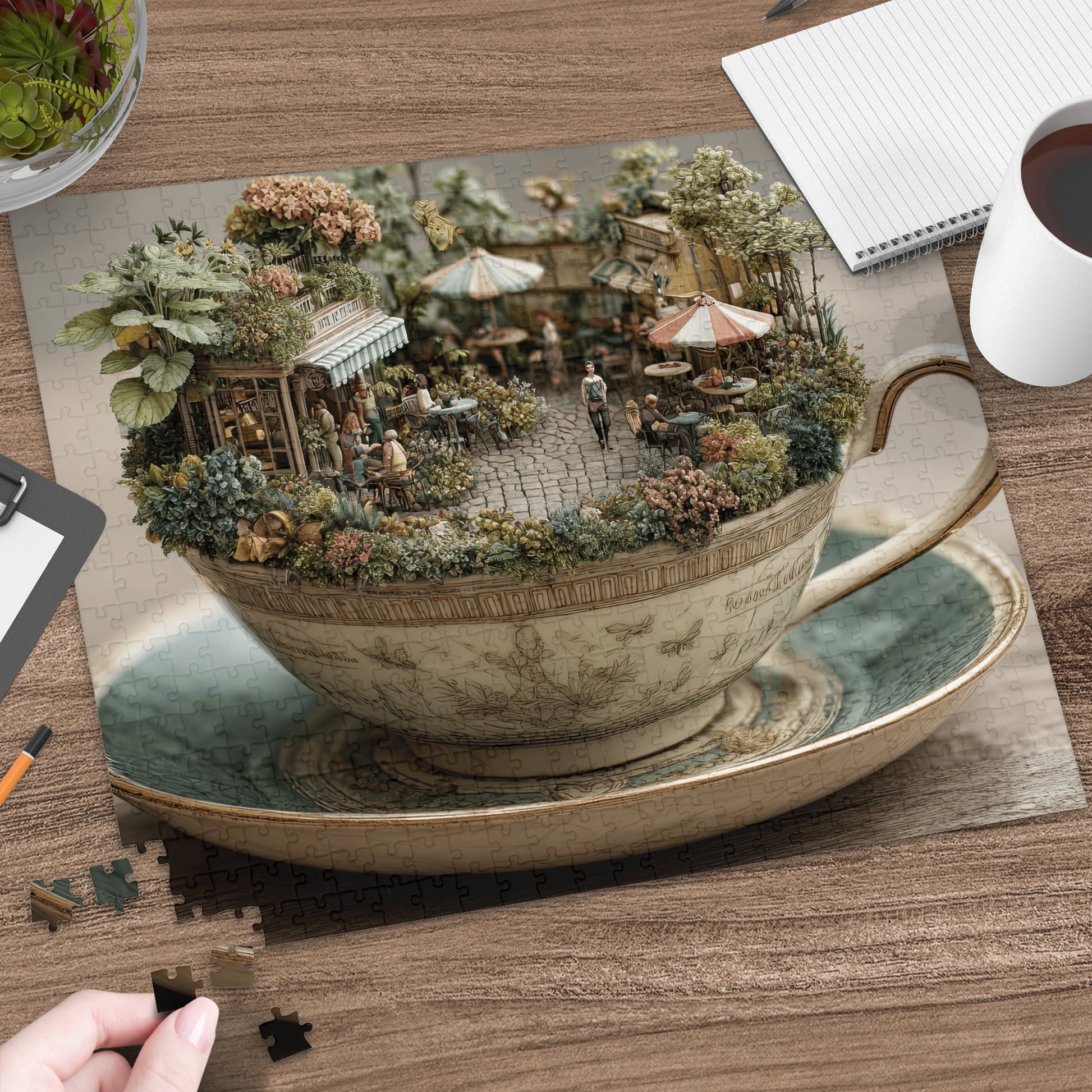 Teacup-shaped diorama cafe scene with people, tables, and plants.