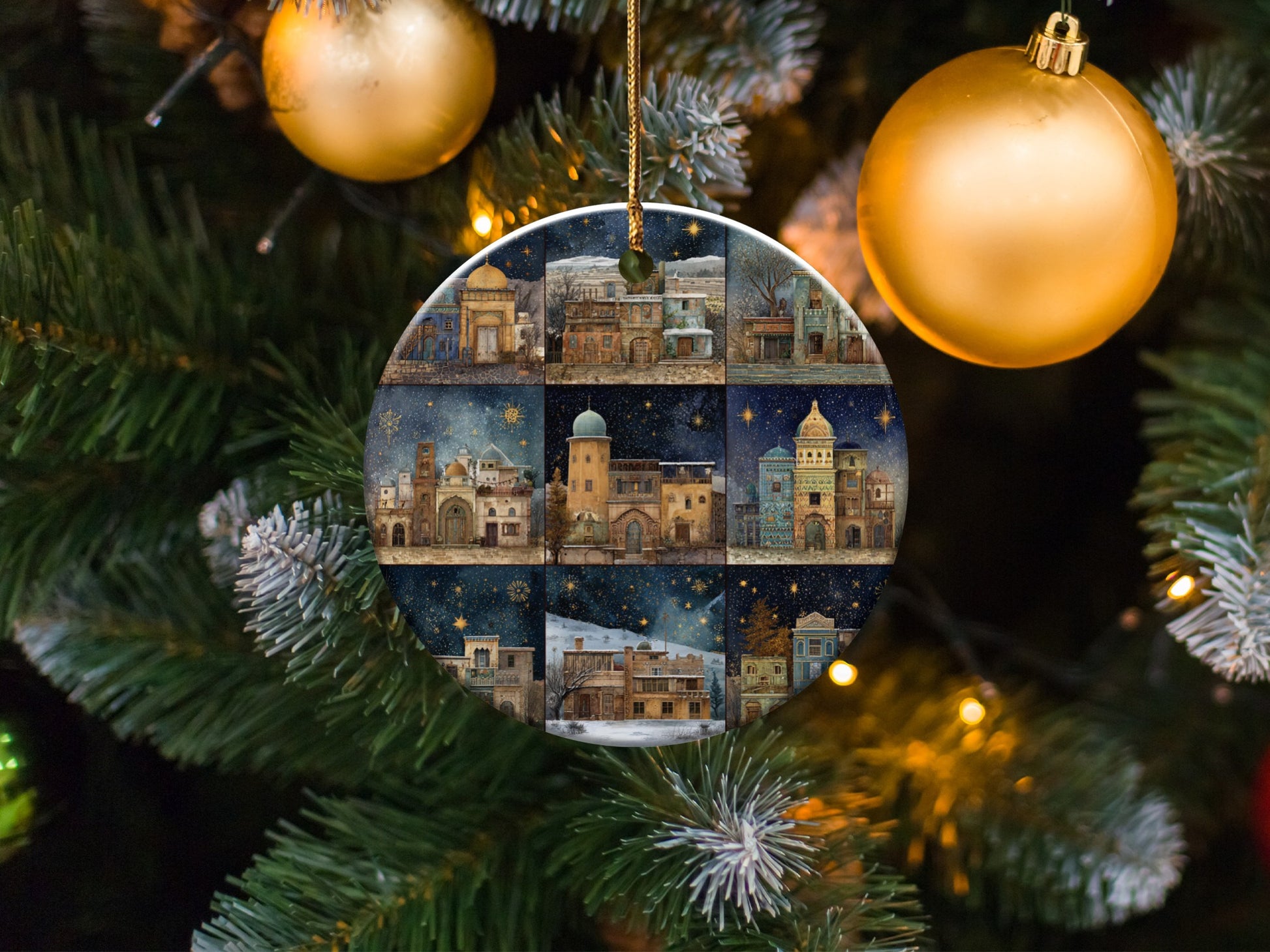 Festive Holiday Tree Ornament with Old Town Artwork