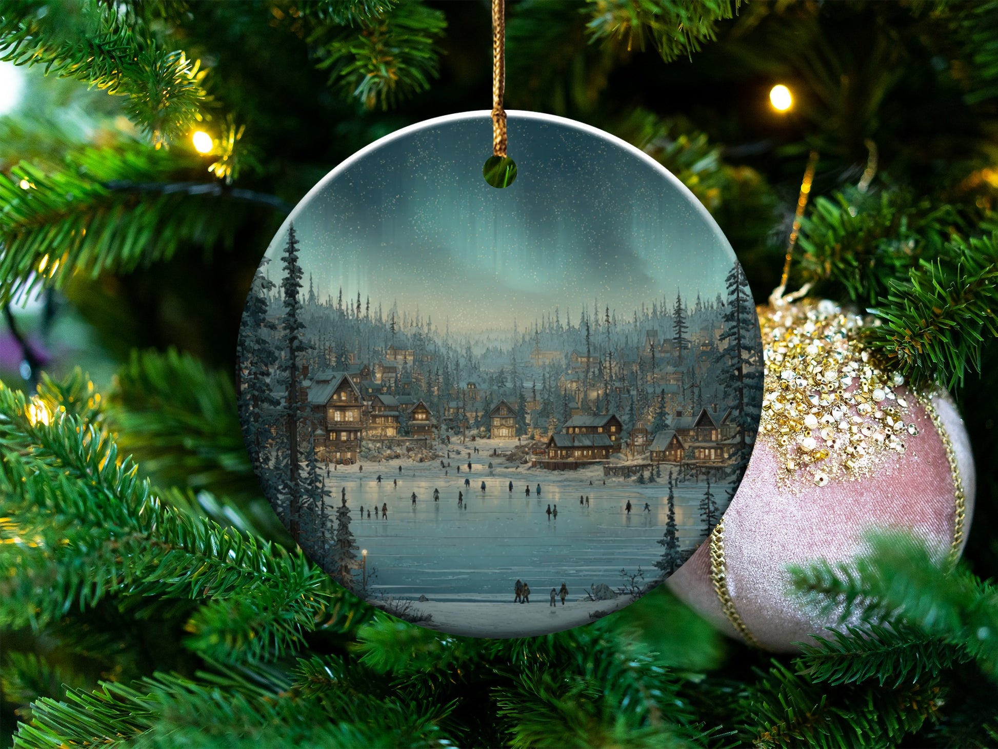 Festive Holiday Winter Village Scene Ornament