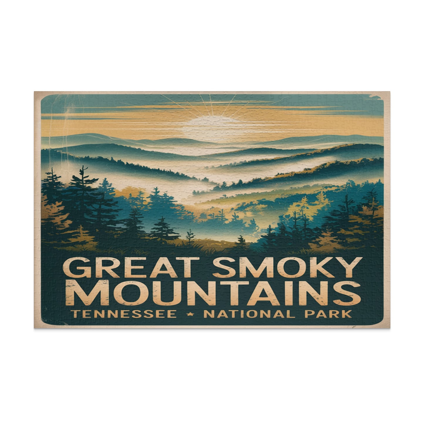 Great Smoky Mountains Tennessee National Park vintage poster with sunrise over misty mountains.