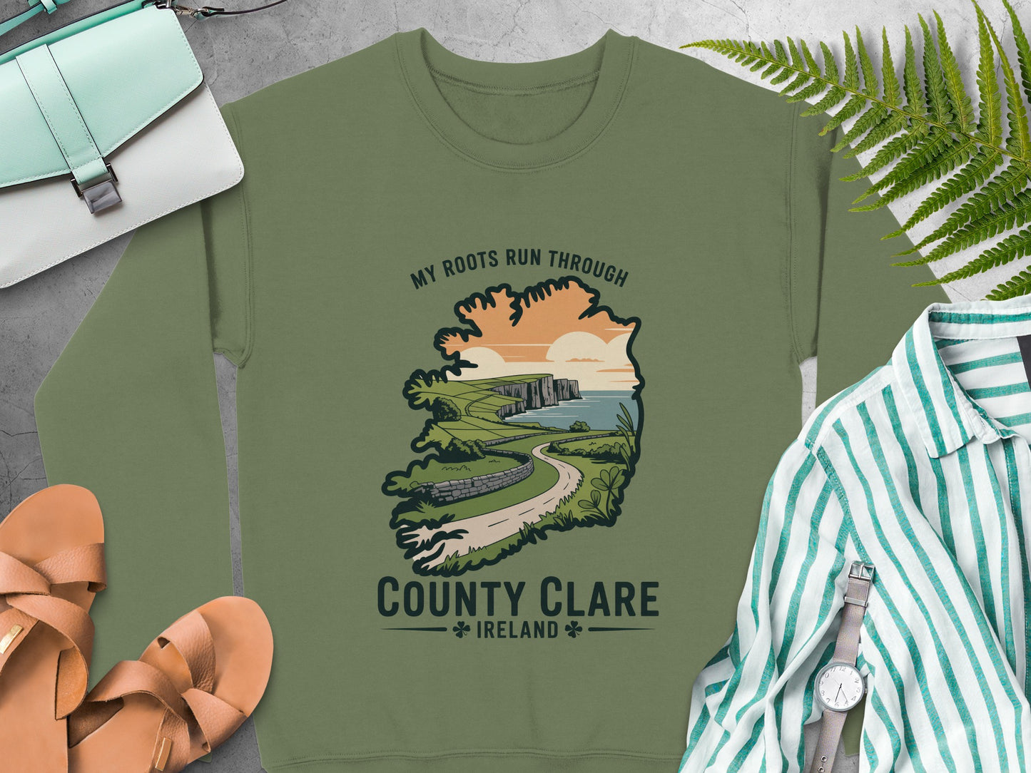 "My Roots Run Through County Clare Ireland" graphic on Military Green sweatshirt