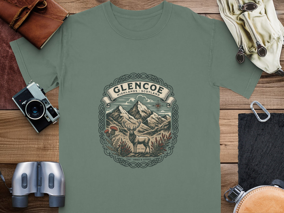 Glencoe Highlands Scotland deer and mountain graphic with "The Three Sisters" text.