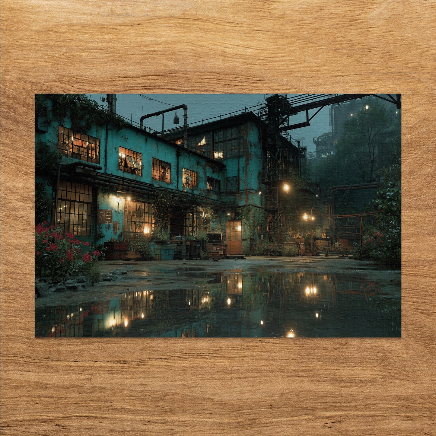 Eerie blue factory building at dusk with glowing windows and reflections in puddles.