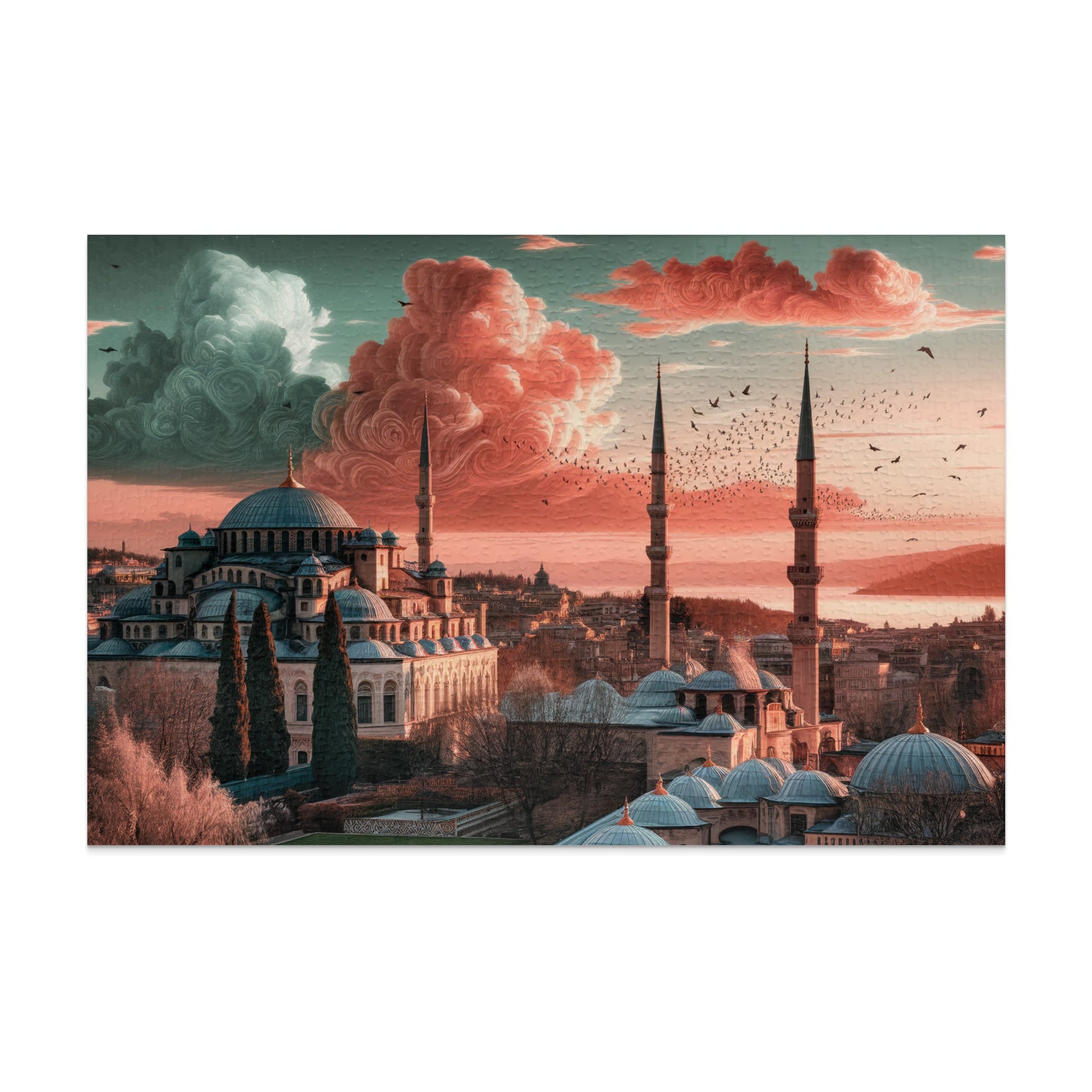 Mosque with minarets under dramatic, cloudy skies with birds in flight.