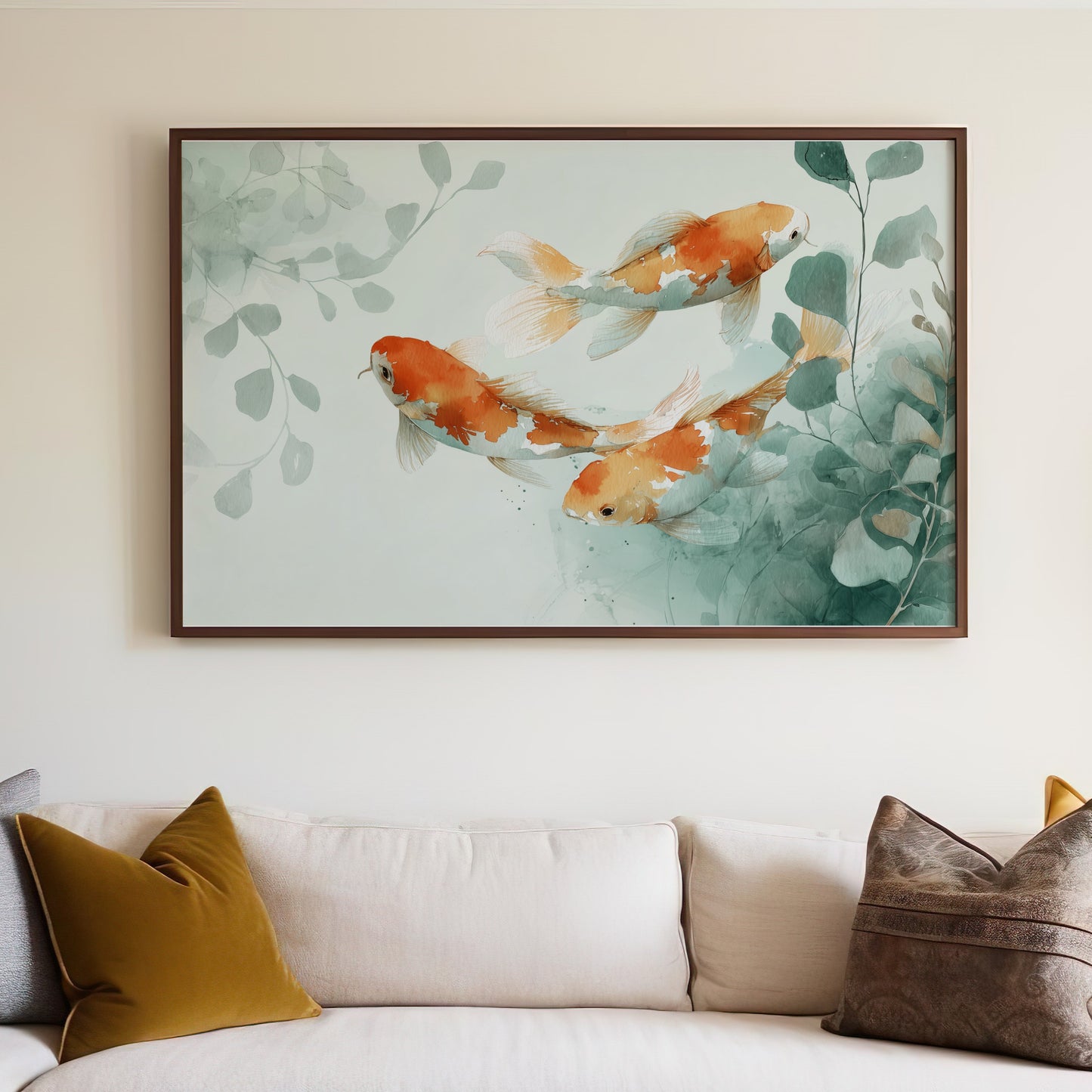 Watercolor Koi Fish Art Green Leaves Home Decor product type