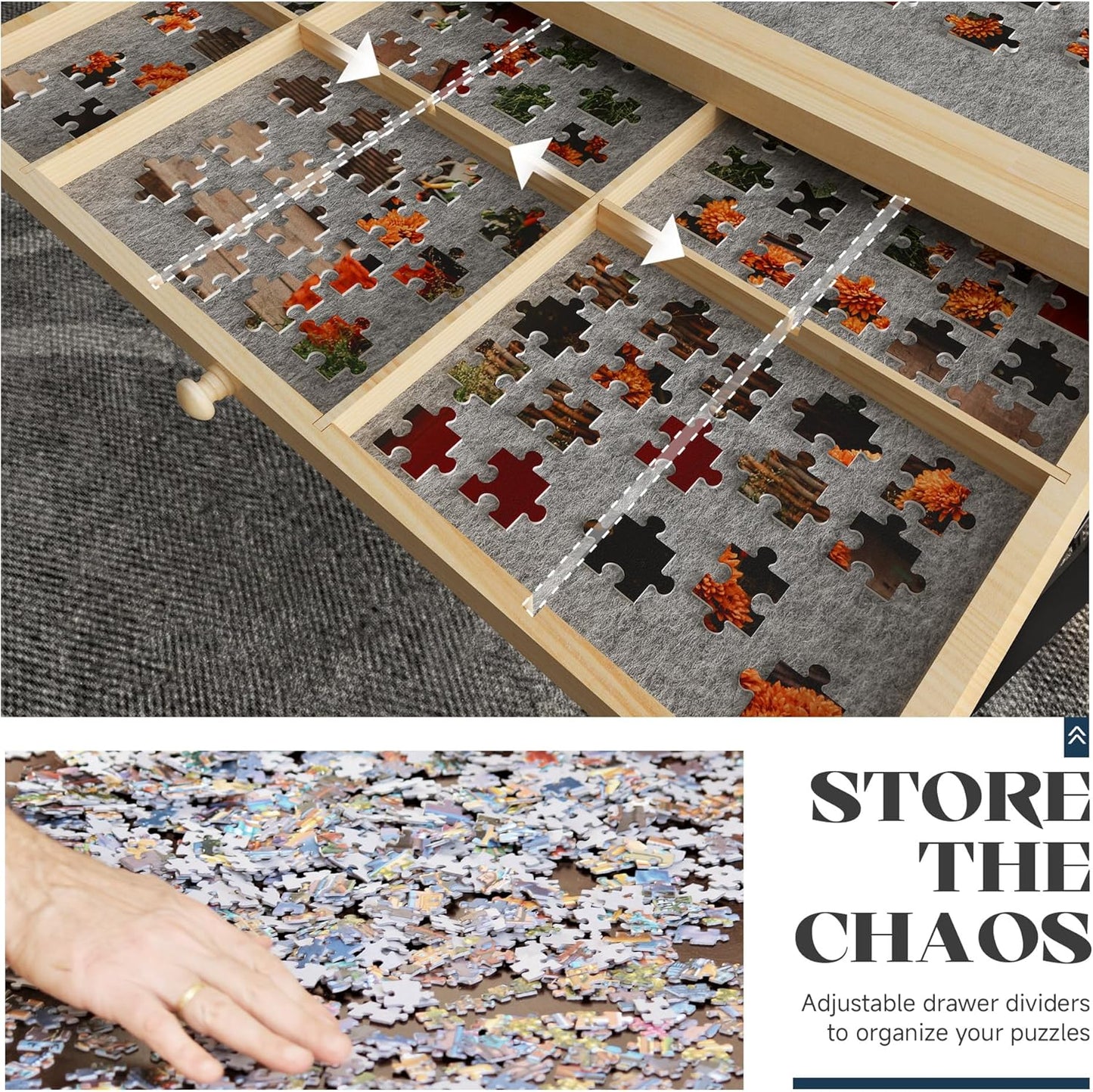 Easyego 2000 Piece Jigsaw Puzzle Table with Legs for Adults, 5-Tilting-Angle & Height Adjustable Table with Draws, Wooden Puzzle Board with Extended Support Bar & 4 Wheels