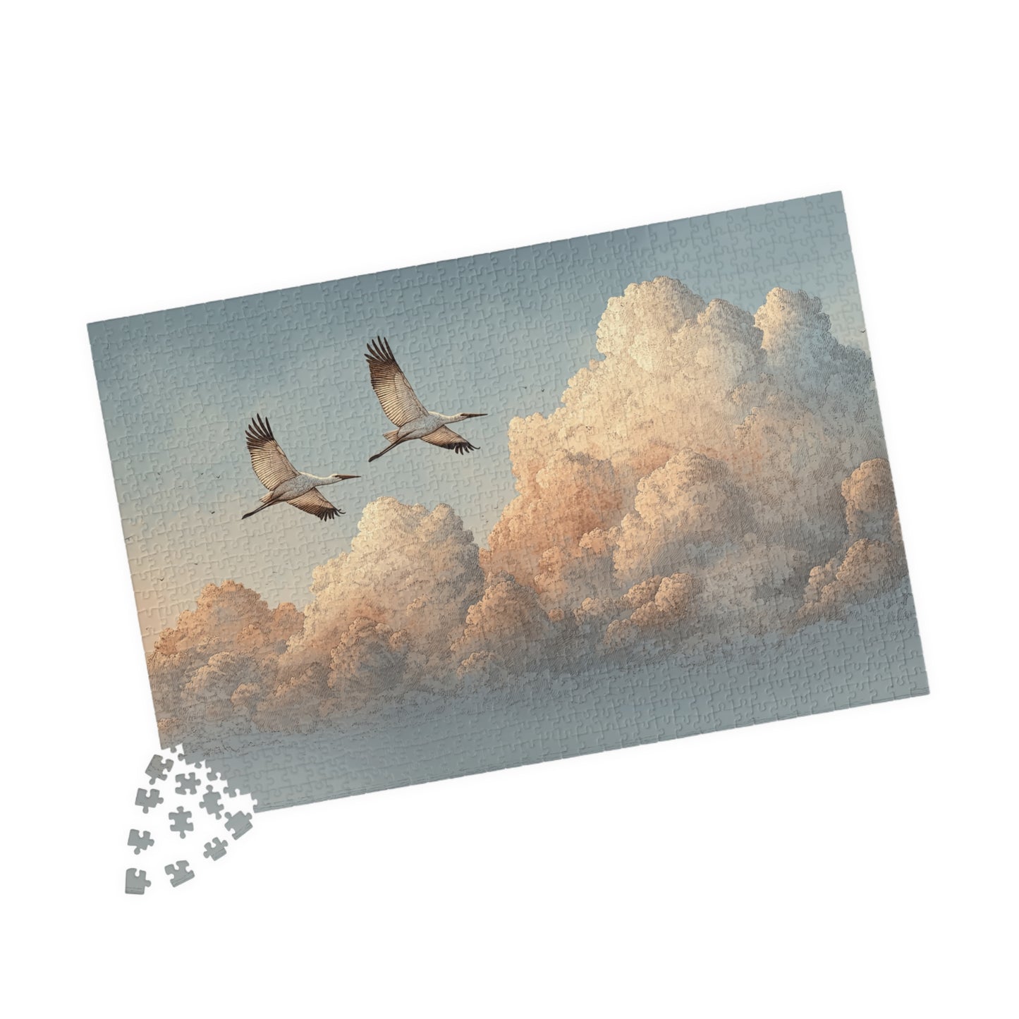 Soaring Cranes Over Cloudscape Jigsaw Puzzle — Calming Sky Art Puzzle 520/1014 pcs)