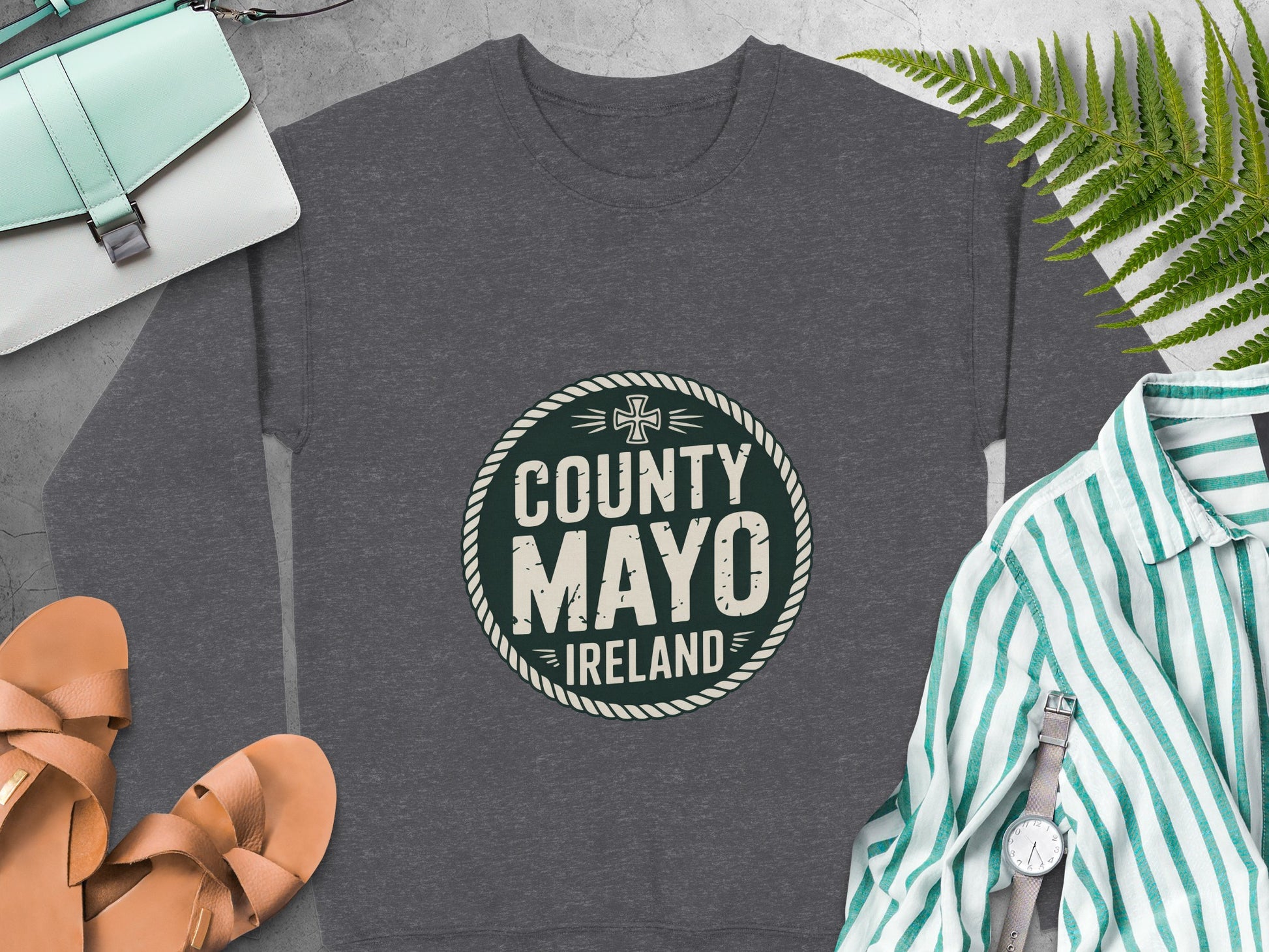 "County Mayo Ireland" text graphic inside a circular border on Dark Heather sweatshirt