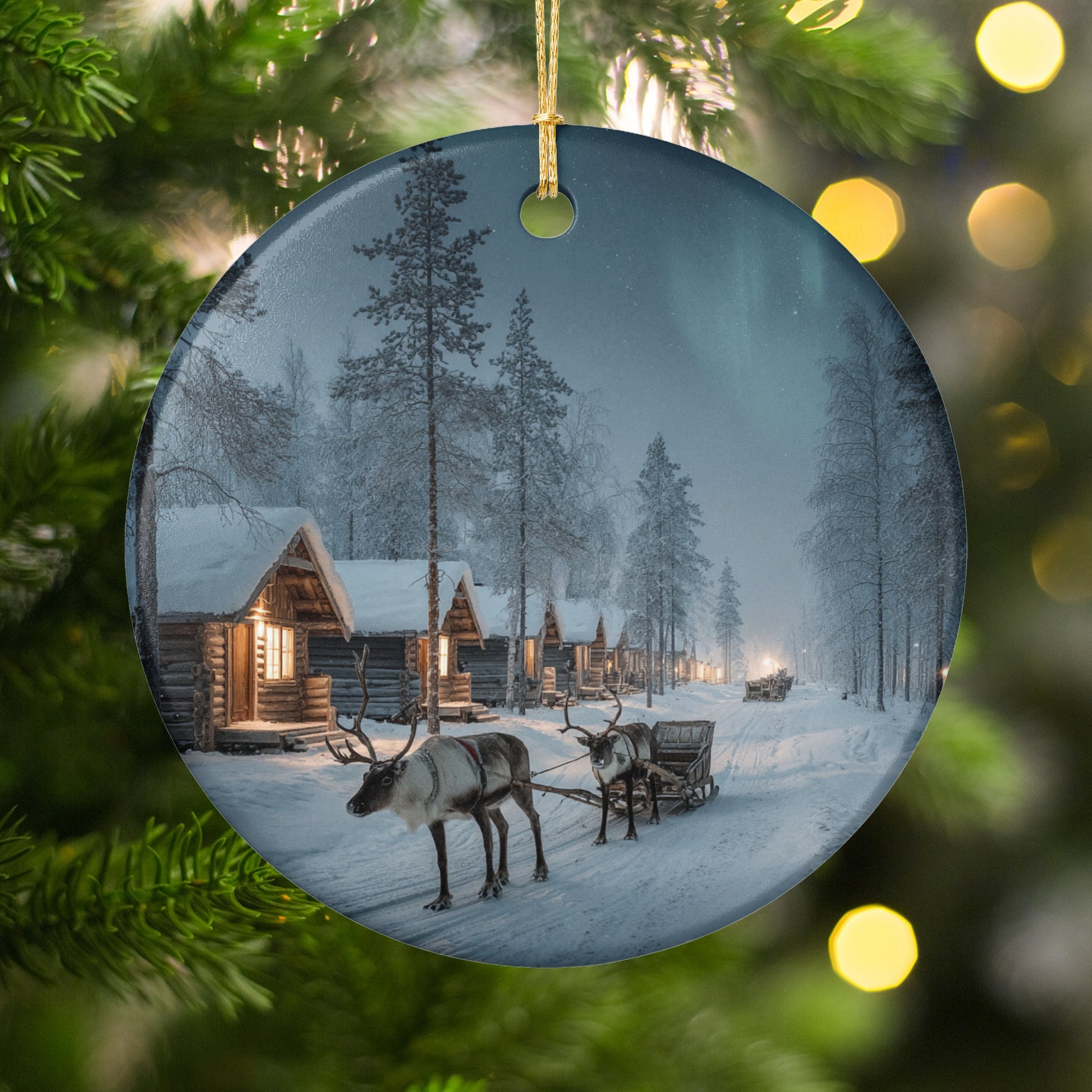 Reindeer Sledding in Snowy Cabin Scene Ornament