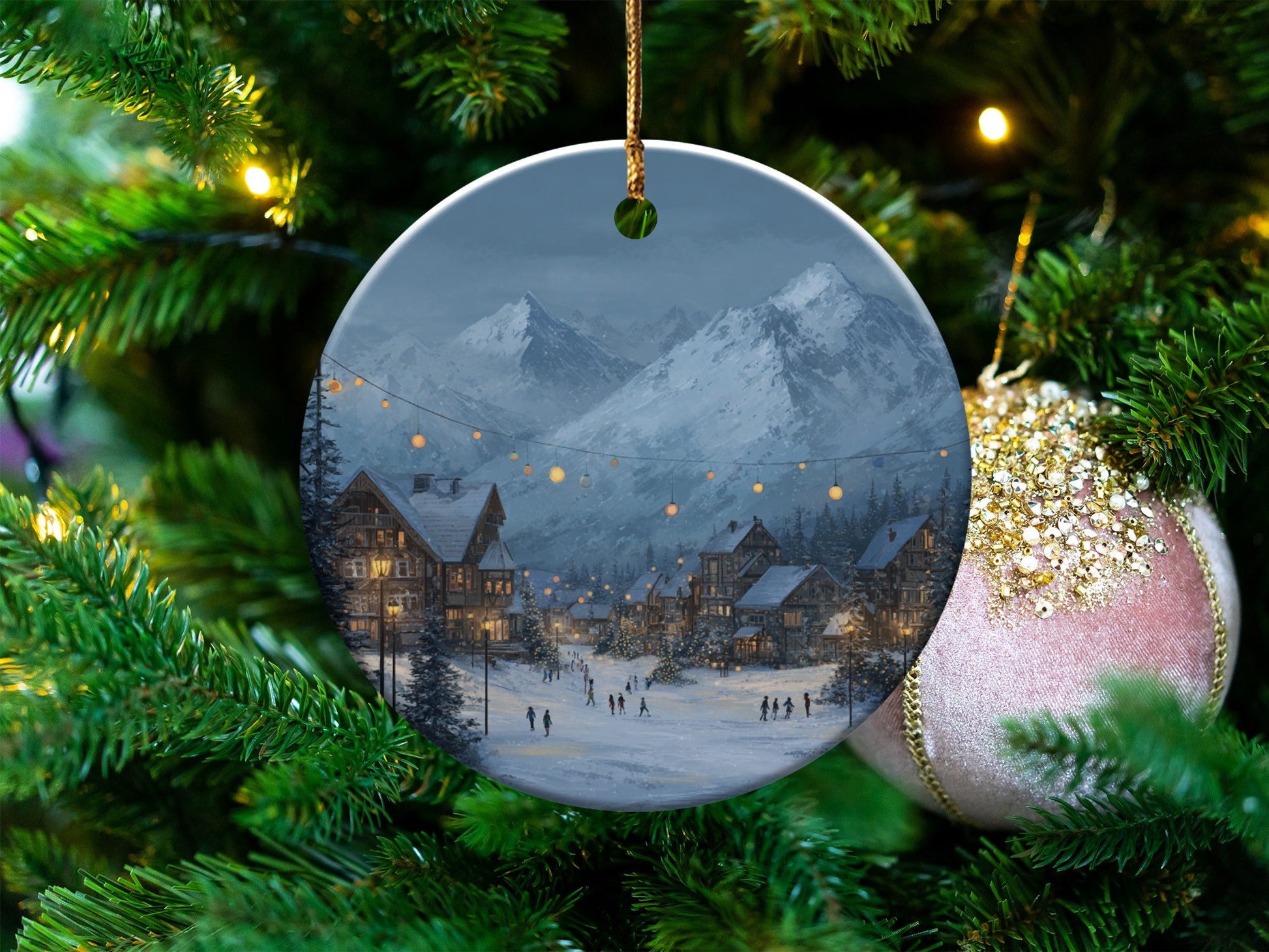 Festive winter village scene hanging ornament decoration