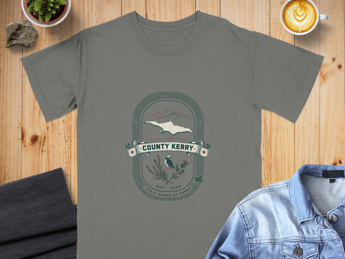 Grey t-shirt with County Kerry crest featuring puffin, thistle, and mountains.