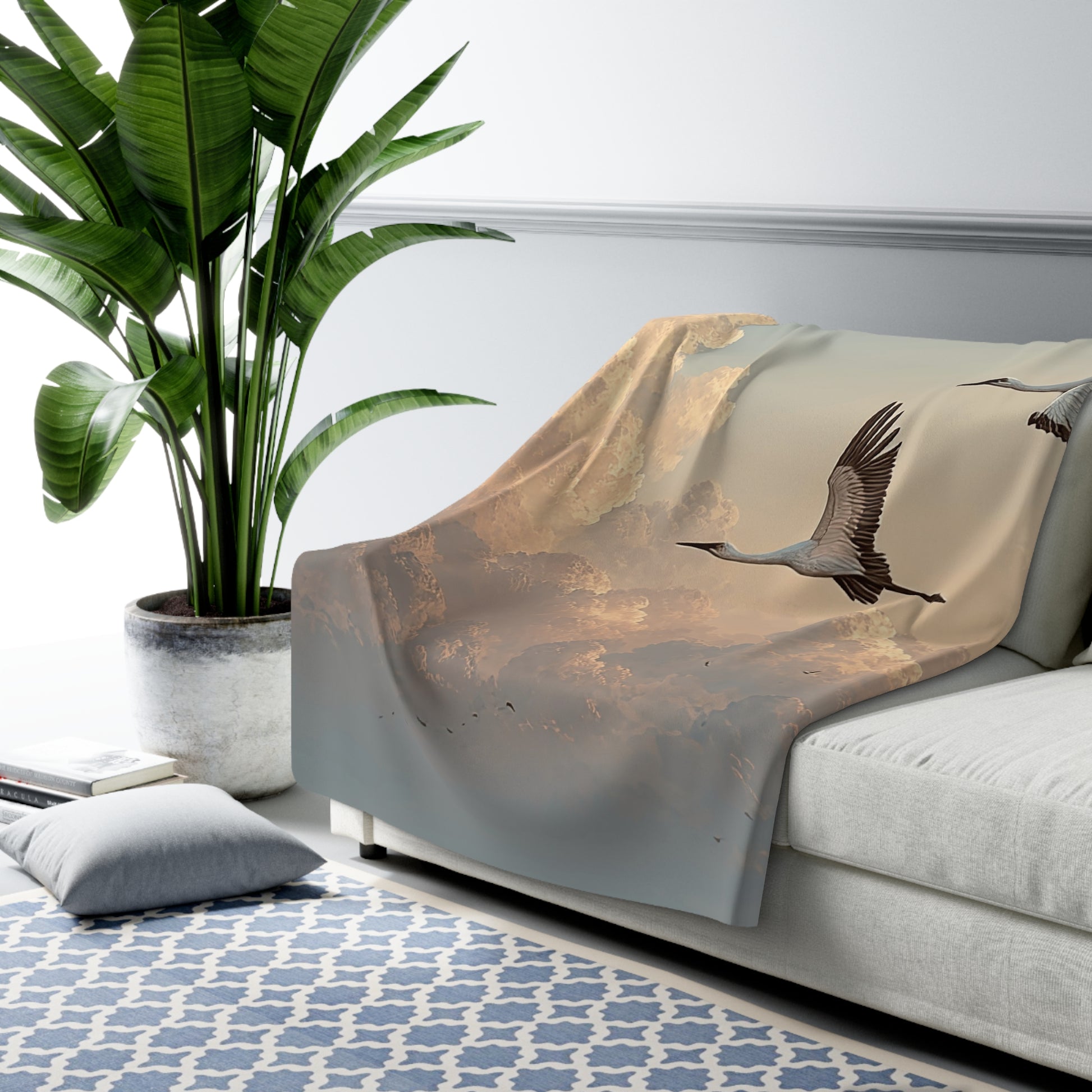 Sherpa blanket with soaring cranes at sunset design — cozy fleece throw, nature blanket, bird lover gift