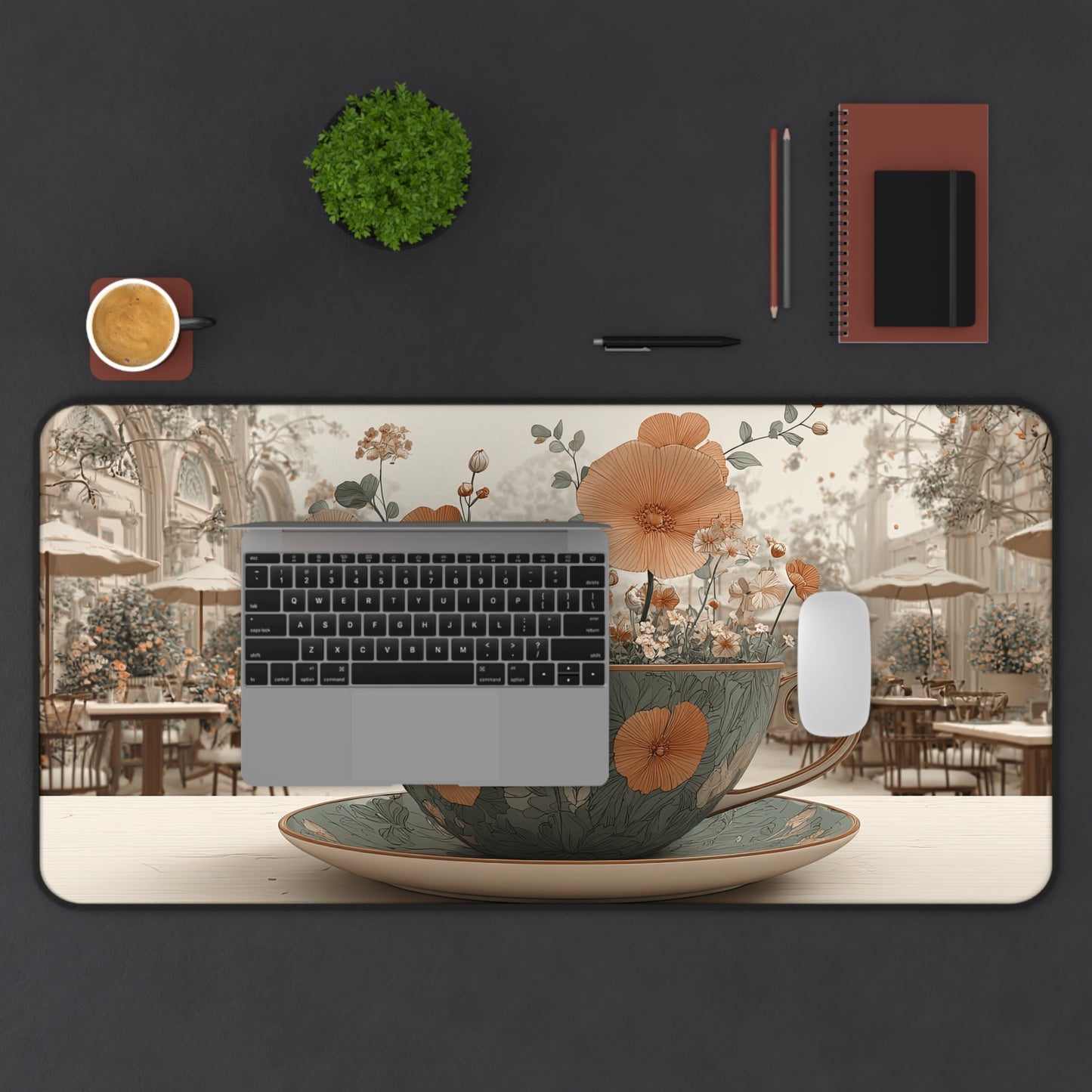 Vintage Tea Cup Floral Desk Mat — Cafe-inspired Desktop Mouse Pad