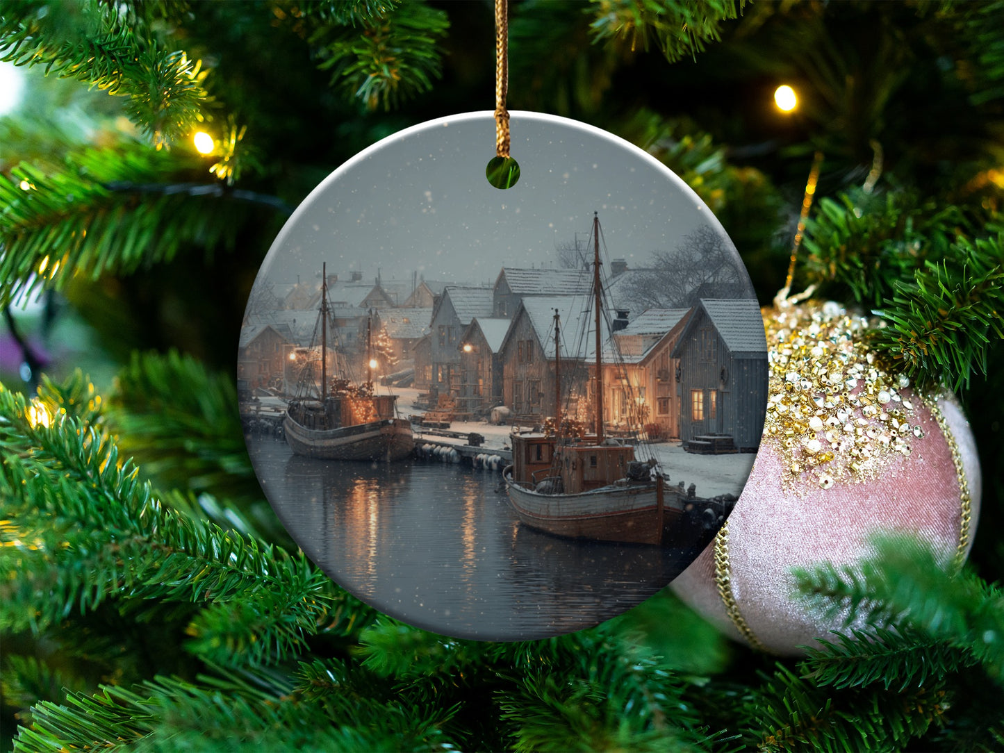 Beautiful Snowy Dock Winter Village Scene Ornament