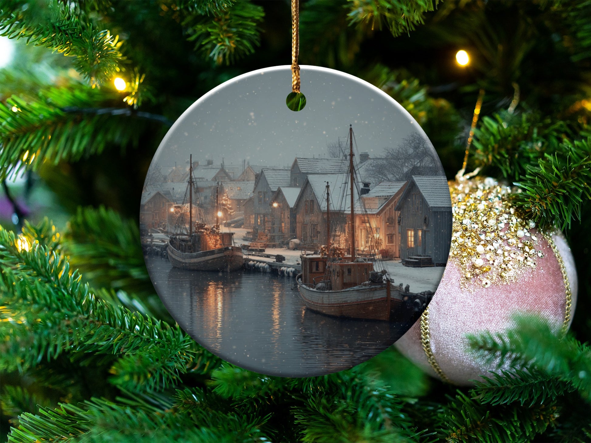 Beautiful Snowy Dock Winter Village Scene Ornament