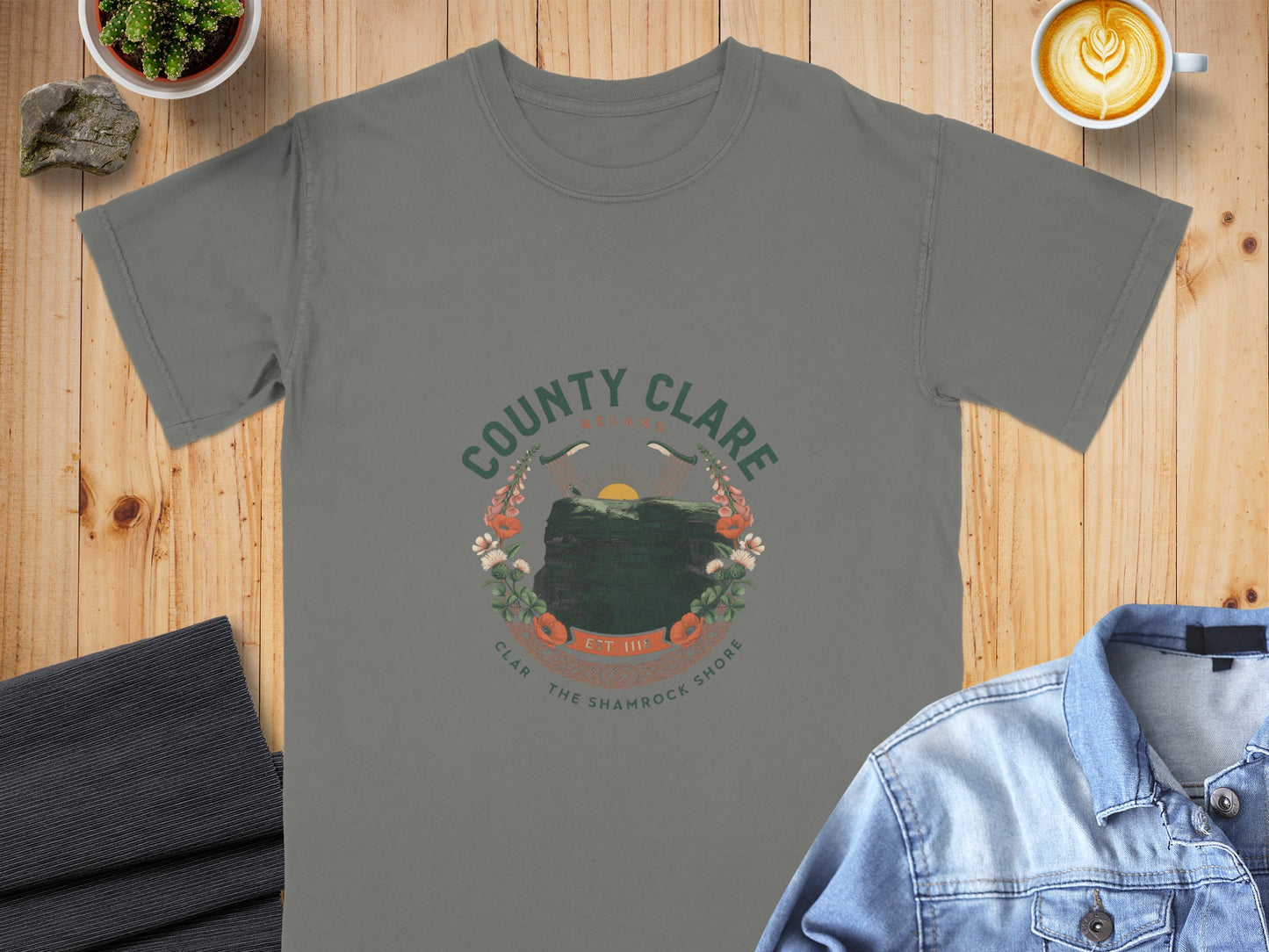 Gray t-shirt with "County Clare Ireland" and a cliff landscape design.