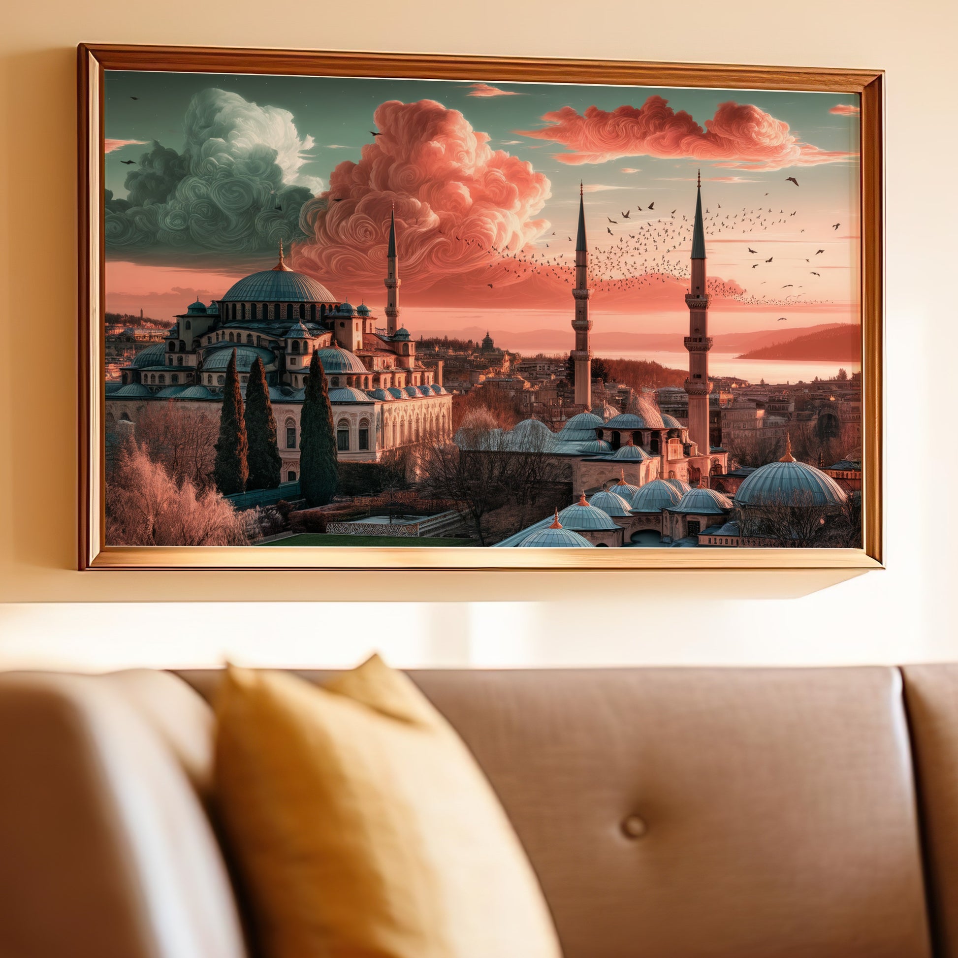 Framed artwork depicts a mosque with minarets against a dramatic sunset sky.