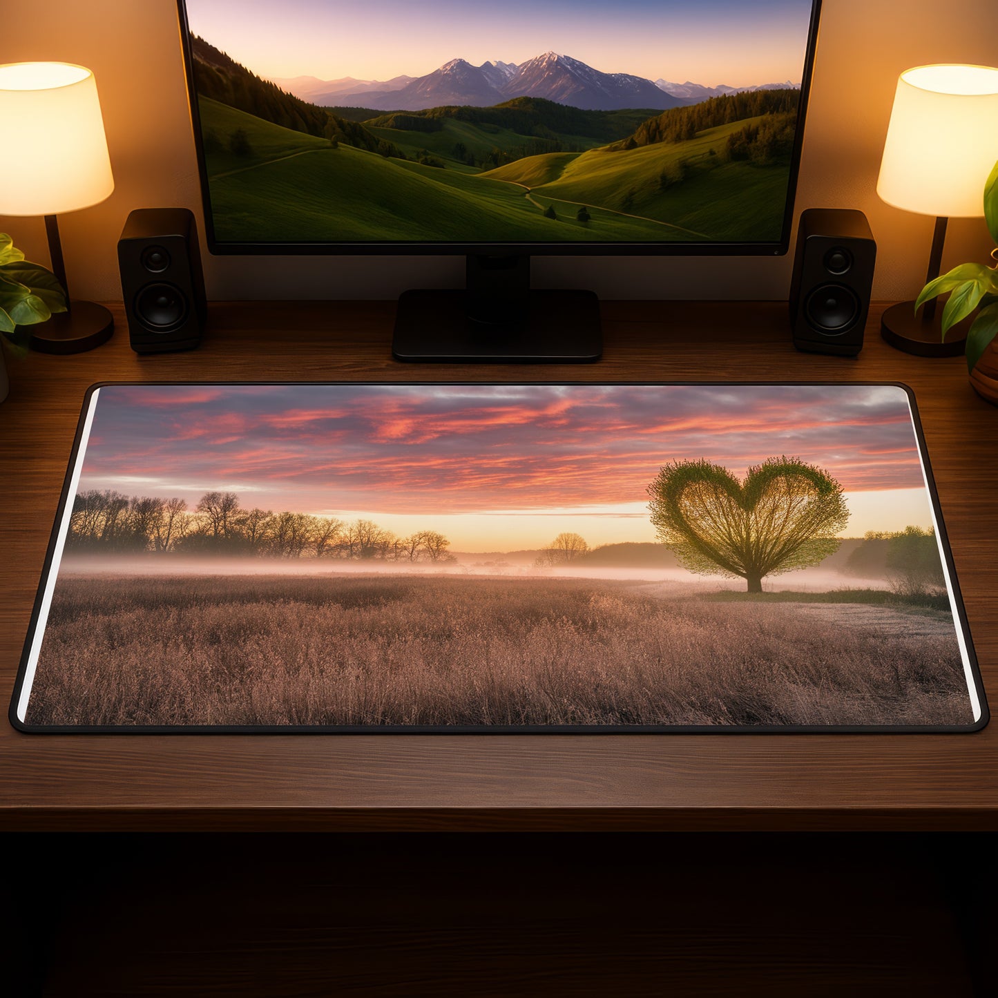 Heart-shaped tree in a misty field at sunrise with colorful clouds above.