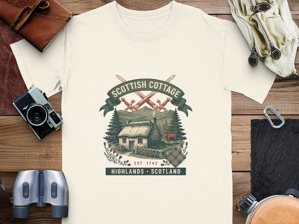 Scottish Cottage design featuring a stone cottage, deer, and crossed swords.