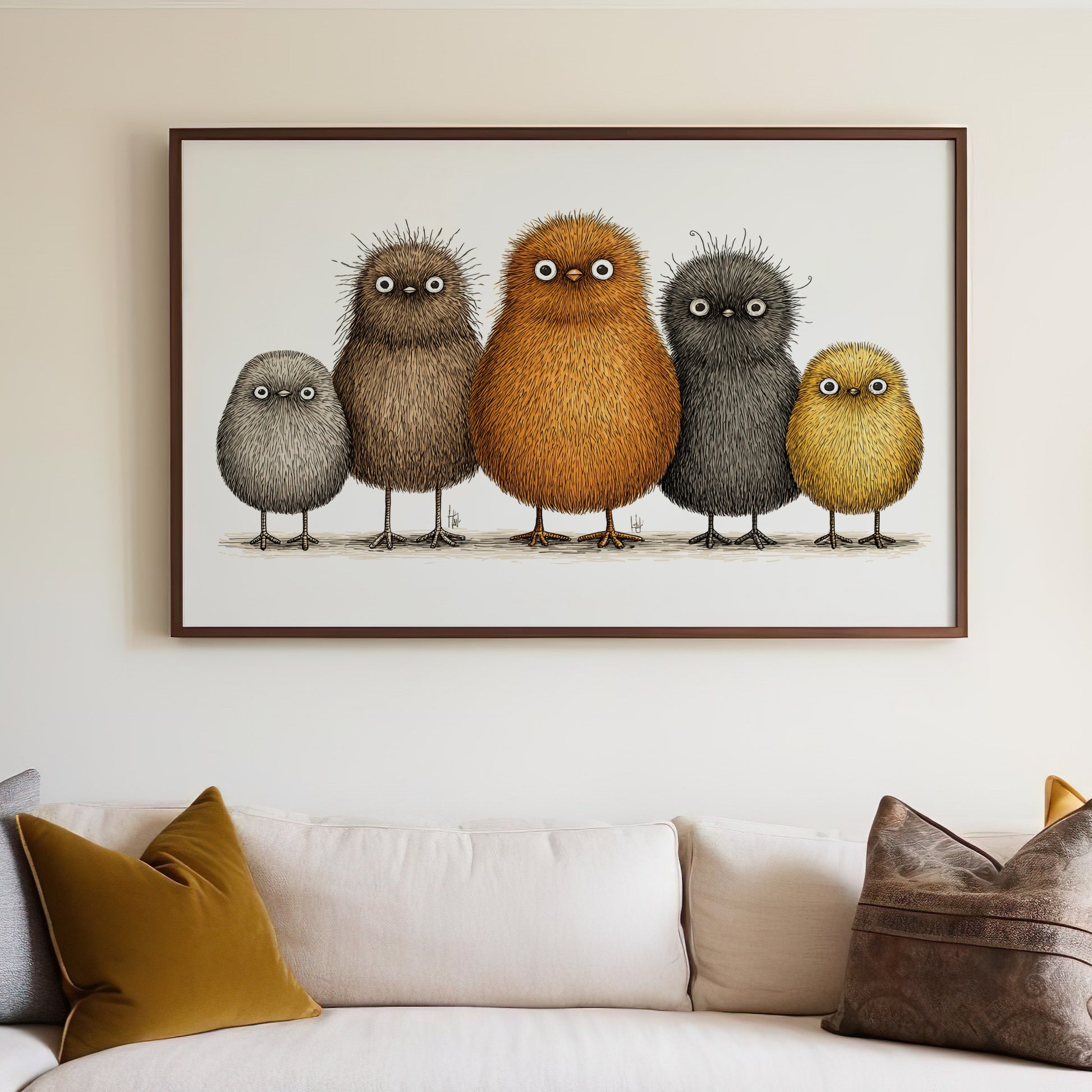 Five cartoonish, fluffy birds of various colors and sizes stand in a row.