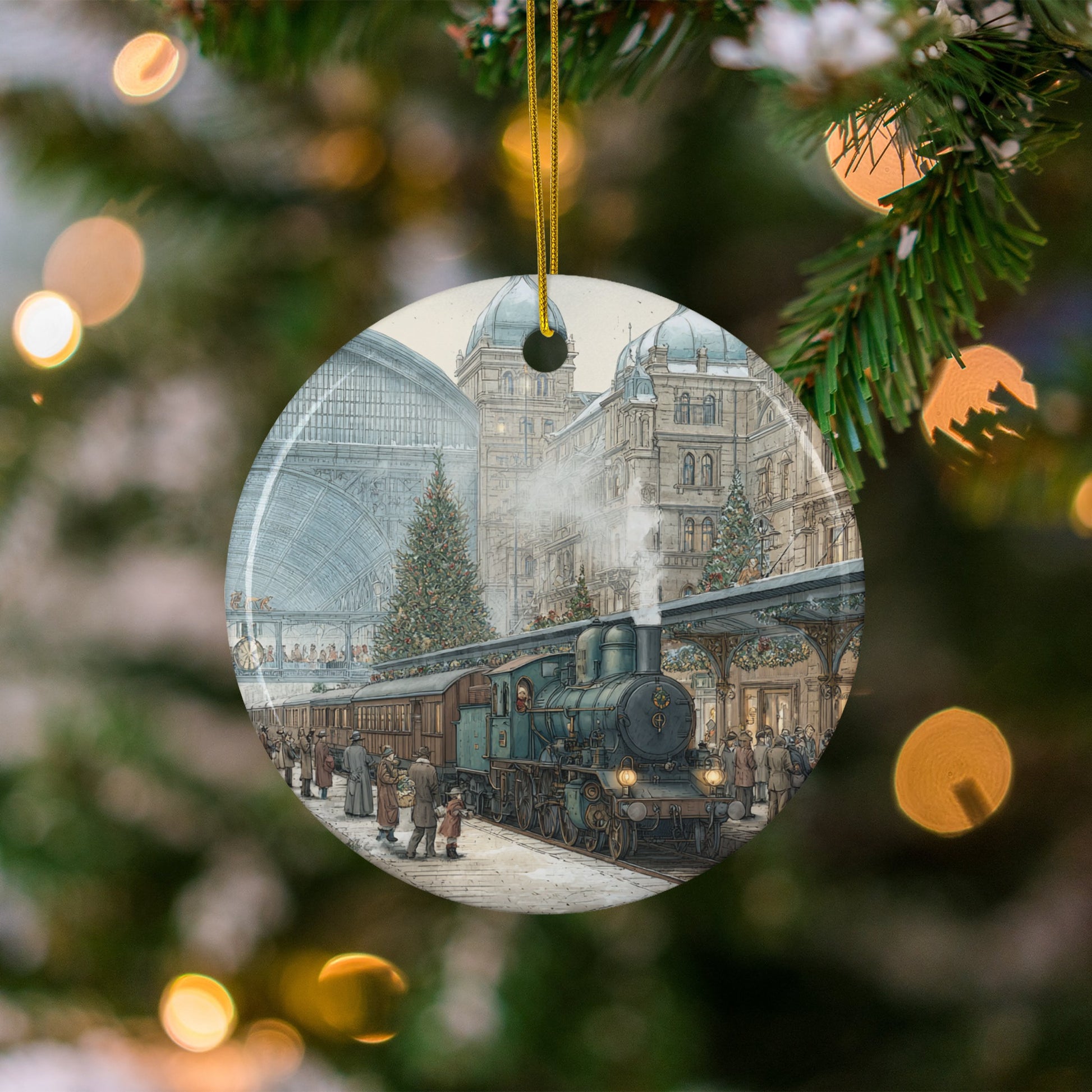 Beautiful Vintage Christmas Train Scene Ornament