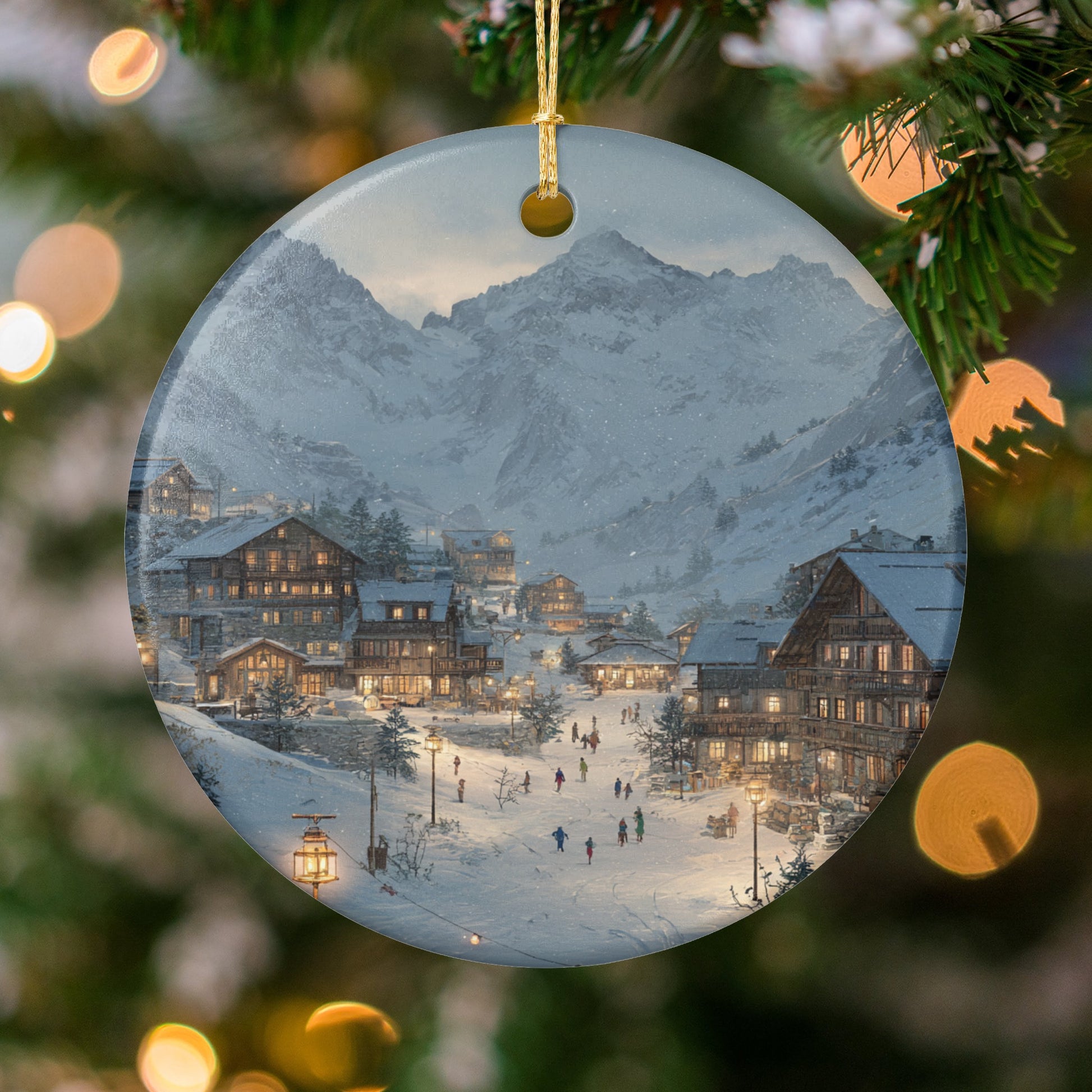 Snowy Alpine Village Holiday Scene Ornament