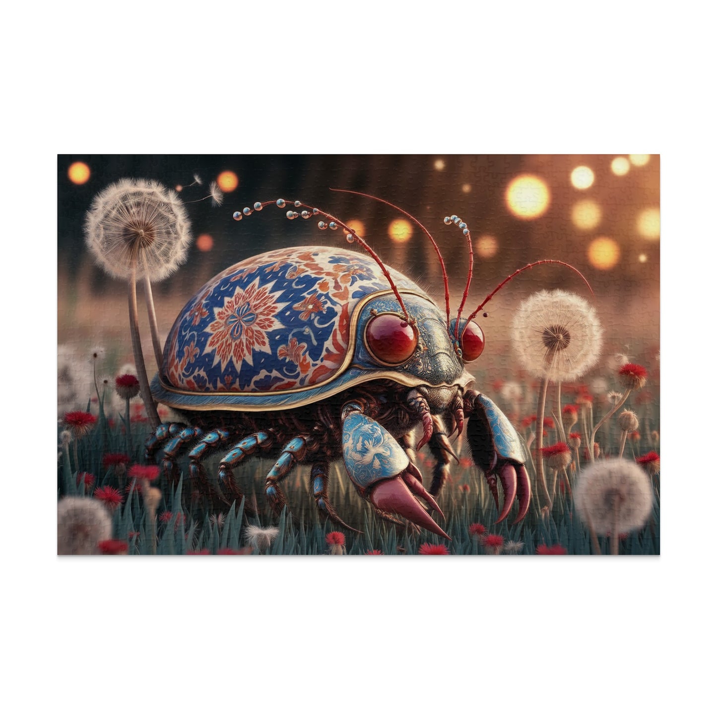 Ornate beetle with floral pattern and red eyes in a field of dandelions.