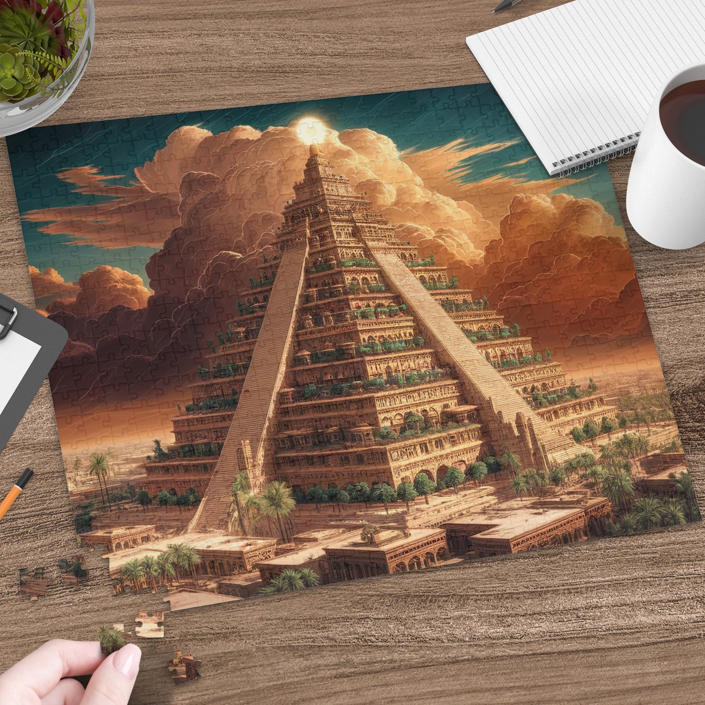 Terraced ziggurat structure with lush greenery under a cloudy, sunlit sky.
