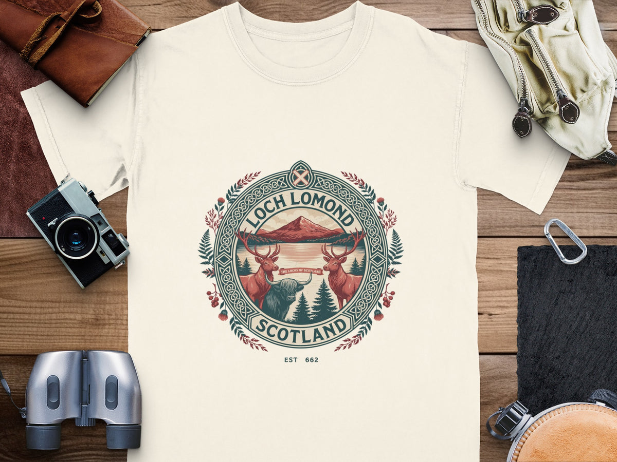 Loch Lomond Scotland graphic with deer, bull, mountain, and lake scene.