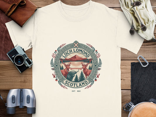 Loch Lomond Scotland graphic with deer, bull, mountain, and lake scene.