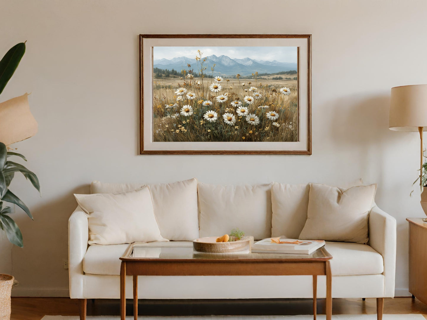 Scenic Mountain Range with Daisy Field Wall Art Decor