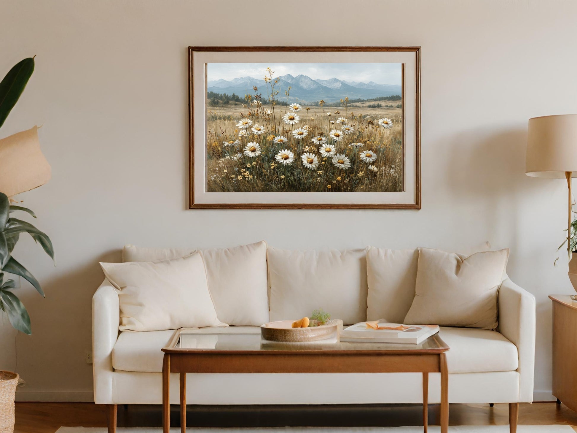 Scenic Mountain Range with Daisy Field Wall Art Decor