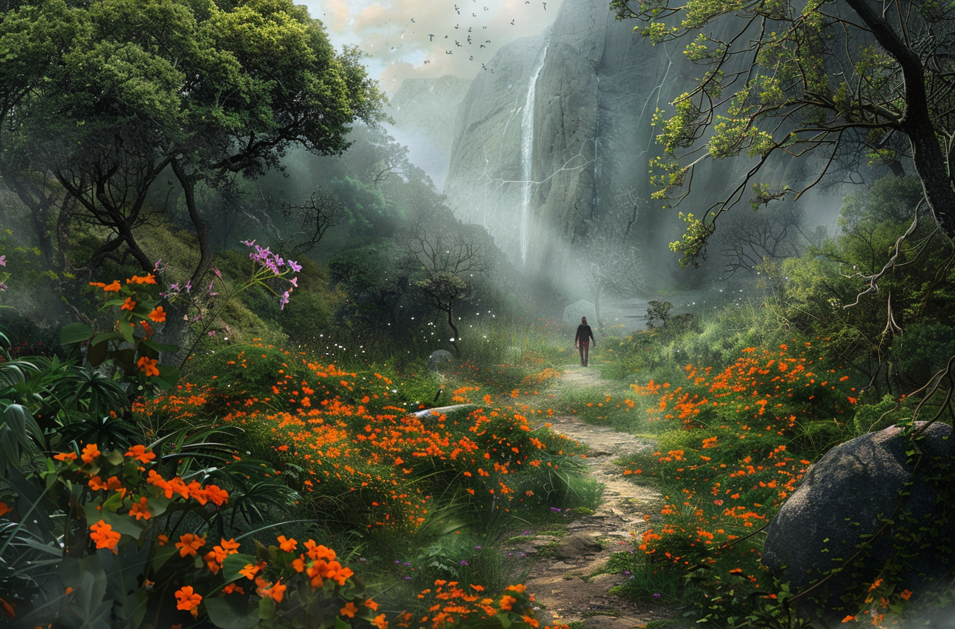 Majestic Waterfall Misty Path with Wildflowers Artwork